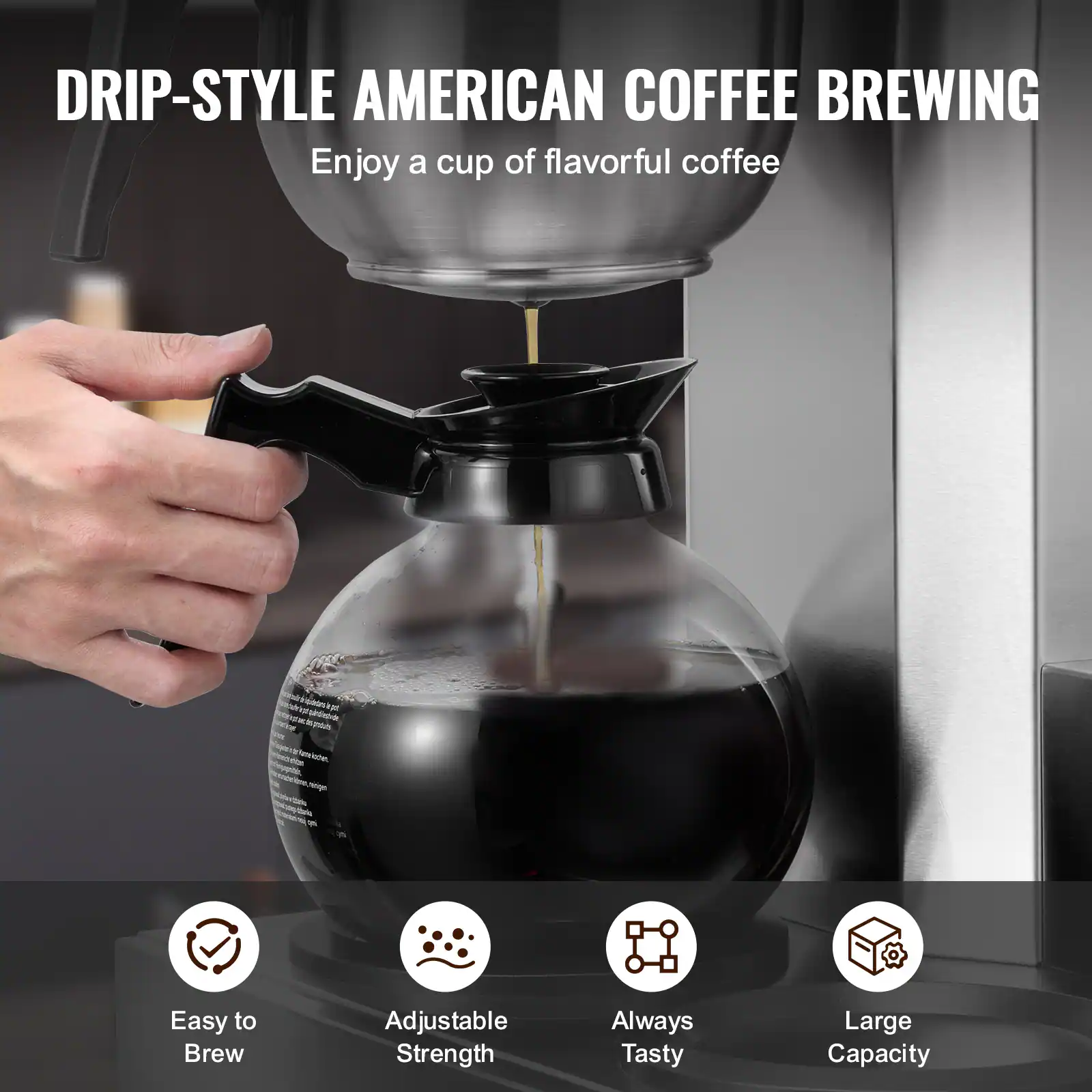 DRIP-STYLE AMERICAN COFFEE BREWING  
Enjoy a cup of flavorful coffee

Easy to Brew  
Adjustable Strength  
Always Tasty  
Large Capacity