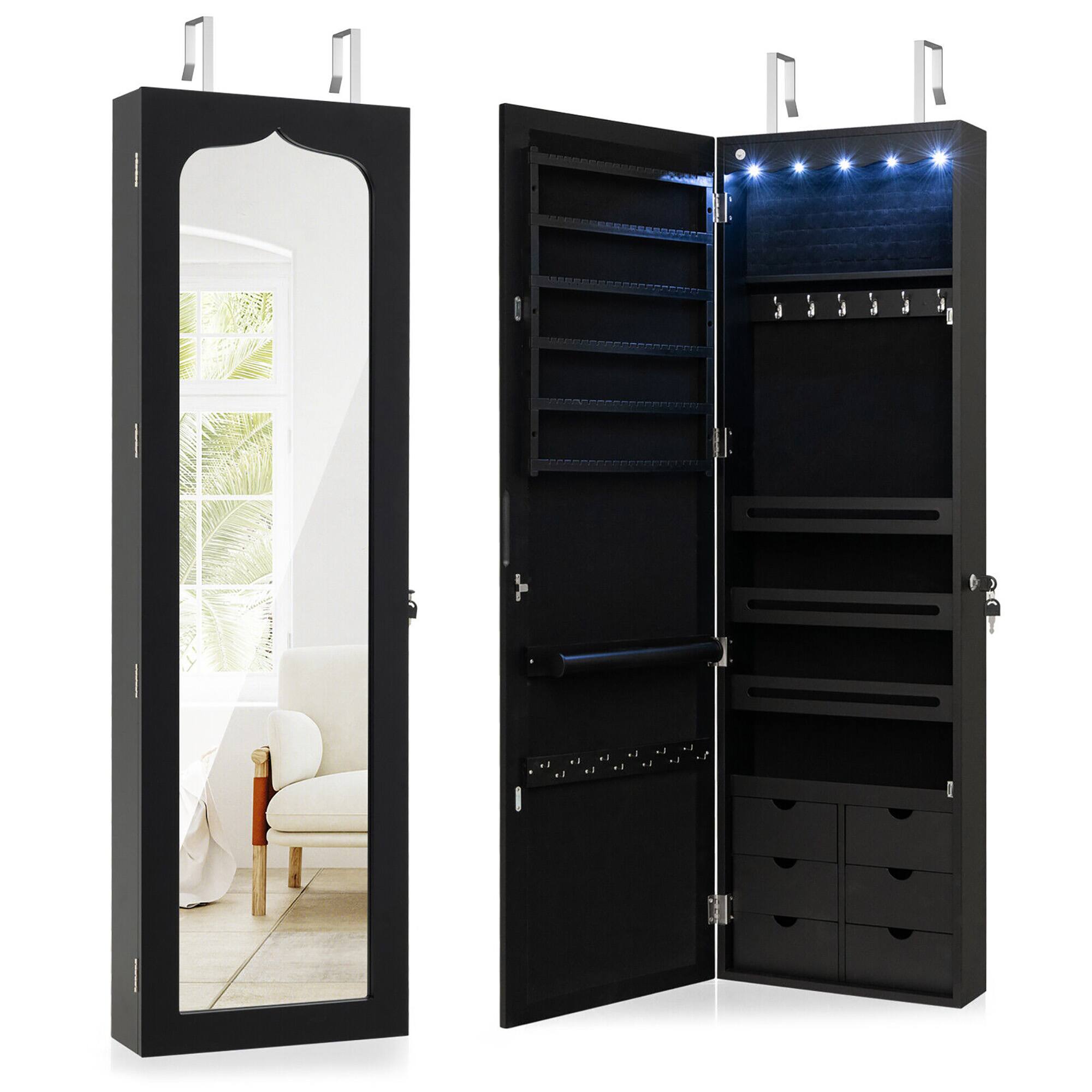 Alt View 8. Gymax - Gymax Wall Door Mounted LED Mirror Jewelry Cabinet Lockable Armoire w/6 Drawers Black - MDF.