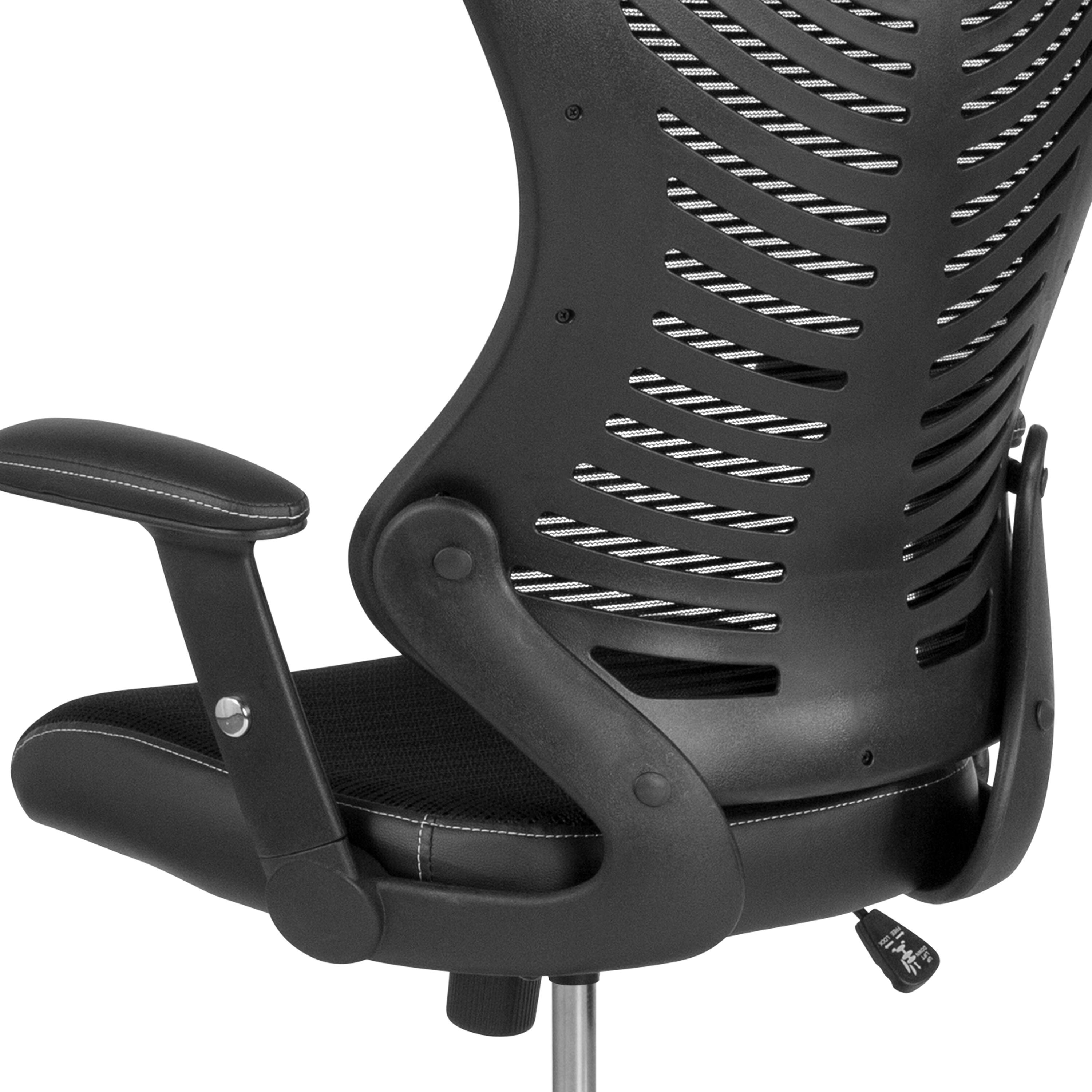 Alt View 9. Emma + Oliver - High Back Designer Mesh Drafting Chair with Leather Sides and Adjustable Arms - Black.