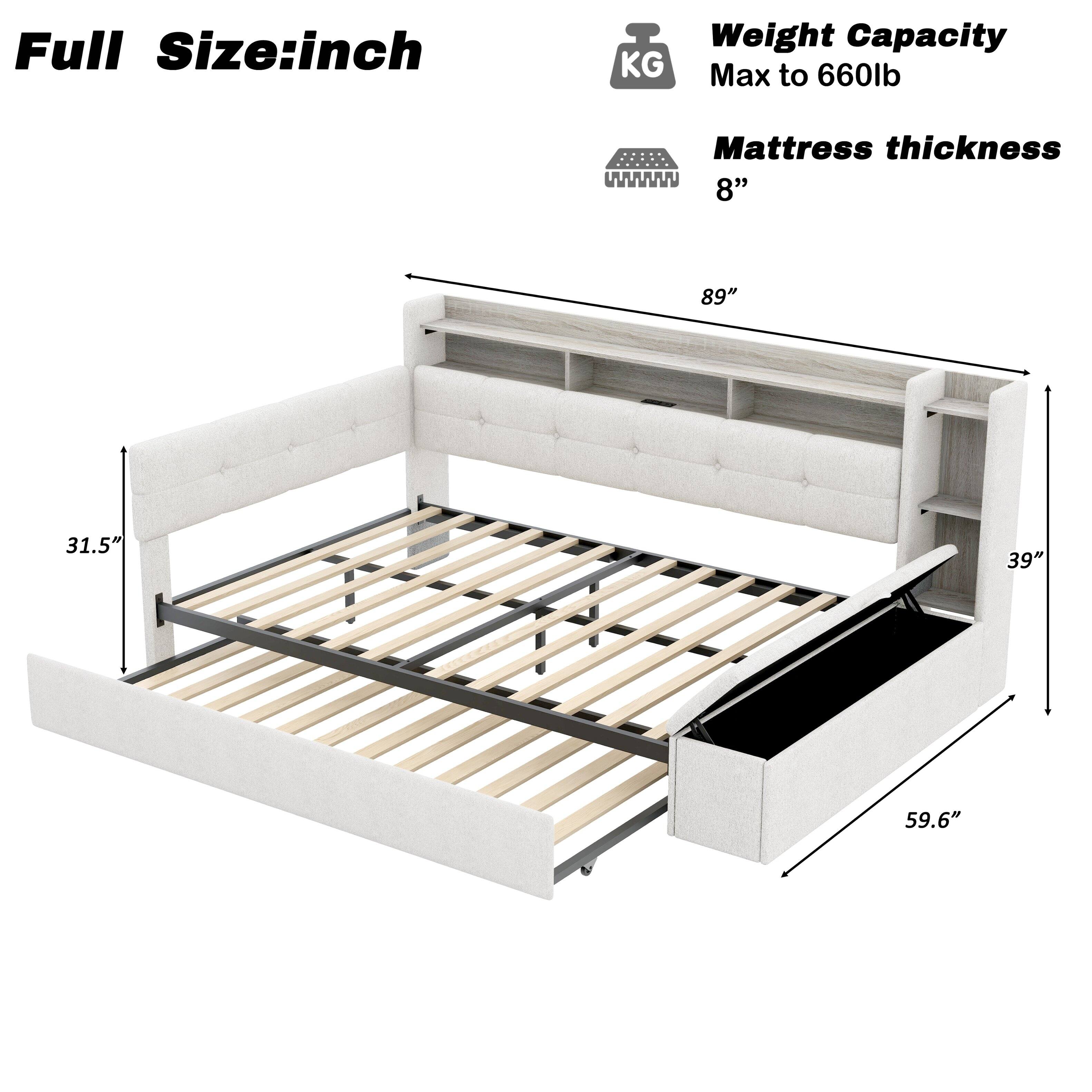 Full Size: inch  
Weight Capacity: Max to 660lb  
Mattress thickness: 8"  
Dimensions: 89" x 31.5" x 39" x 59.6"