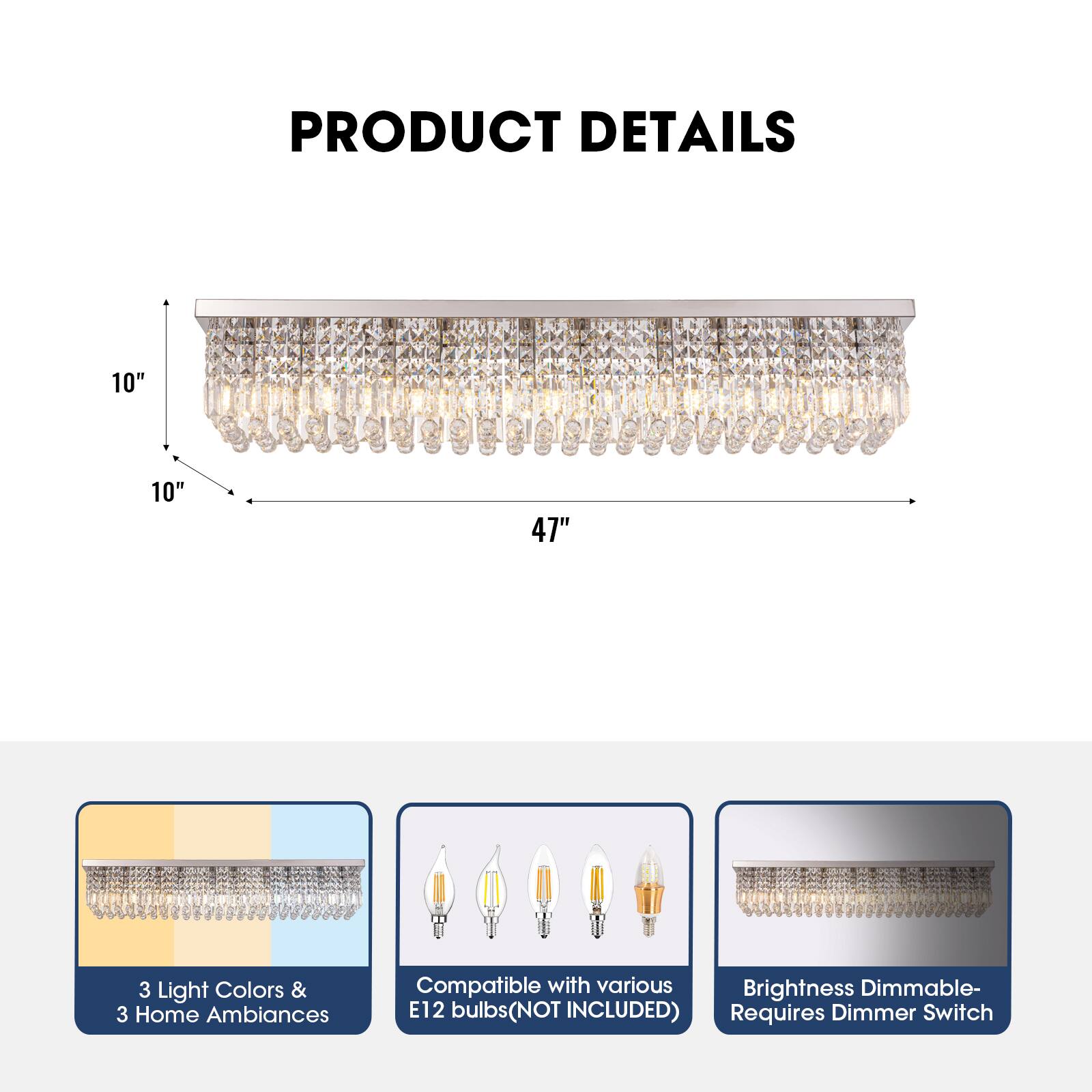 PRODUCT DETAILS

10" x 10" x 47"

3 Light Colors & 3 Home Ambiances

Compatible with various E12 bulbs (NOT INCLUDED)

Brightness Dimmable - Requires Dimmer Switch