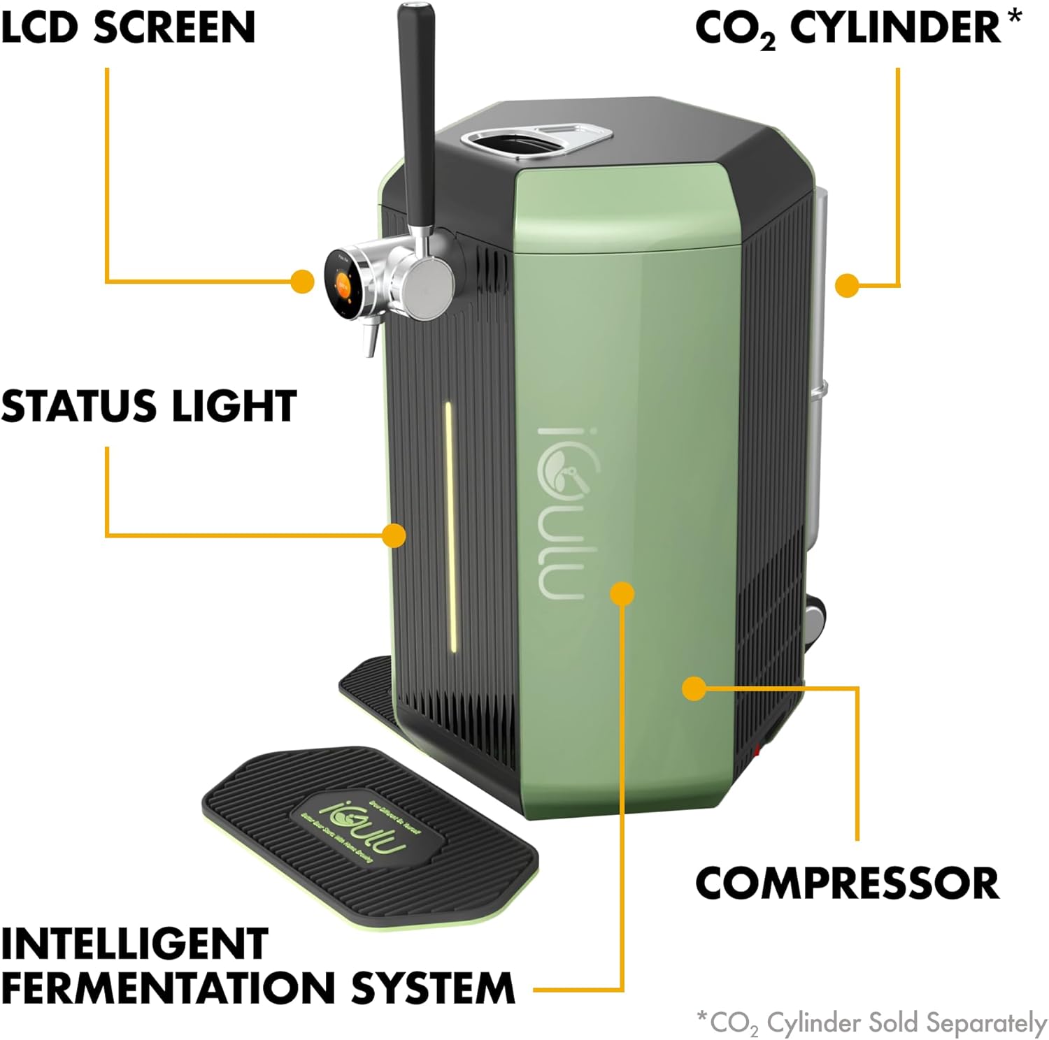 LCD SCREEN  
STATUS LIGHT  
CO₂ CYLINDER*  
INTELLIGENT FERMENTATION SYSTEM  
COMPRESSOR  

*CO₂ Cylinder Sold Separately