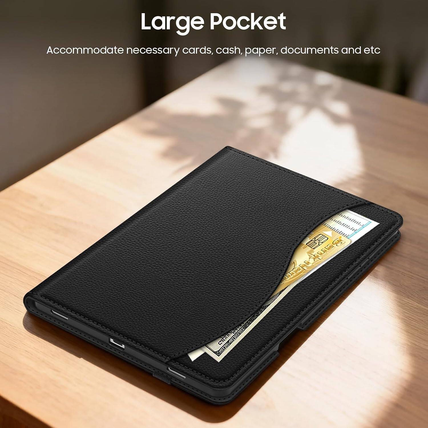 Large Pocket  
Accommodate necessary cards, cash, paper, documents and etc