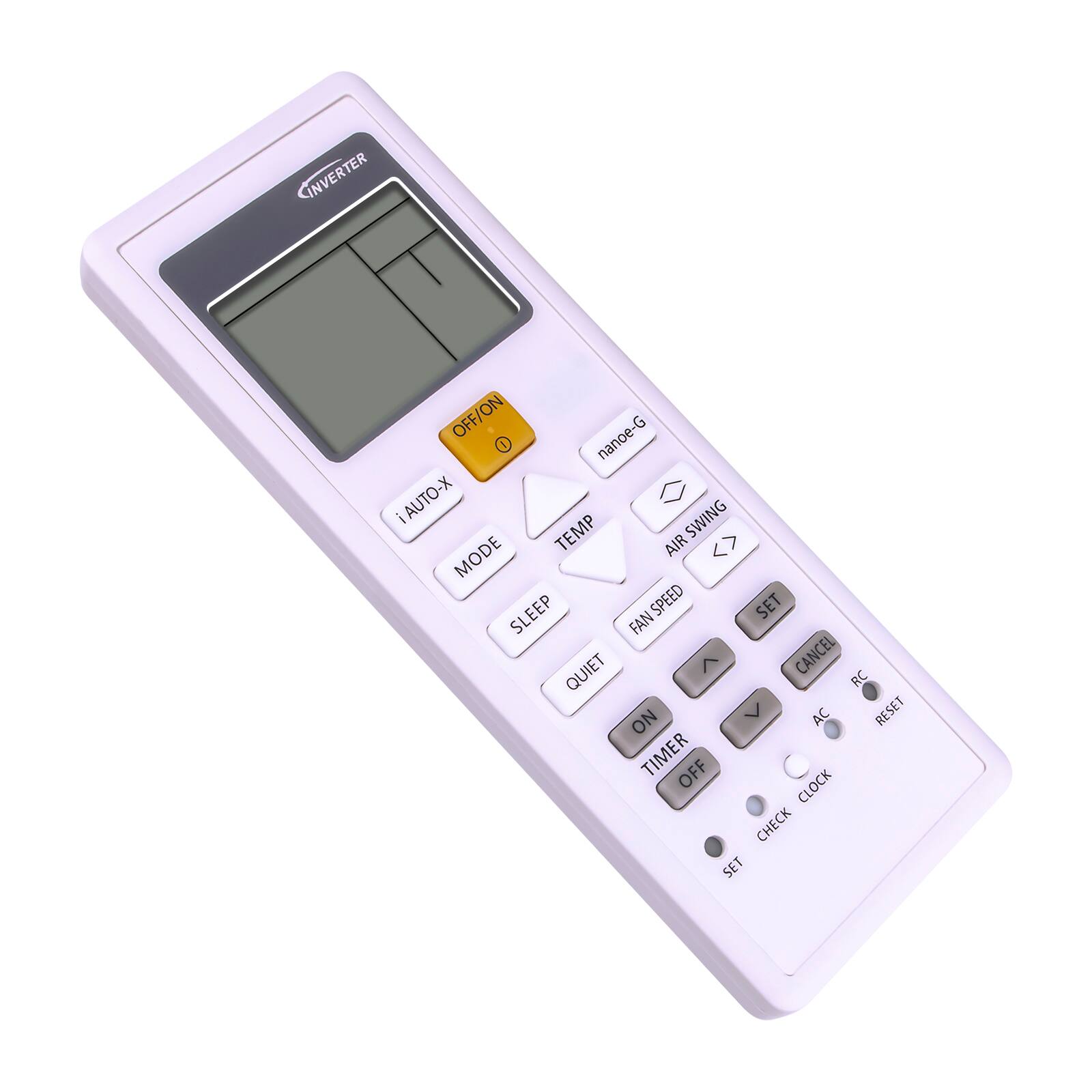 INVERTER  
OFF/ON  
iAUTO-X  
MODE  
TEMP  
SLEEP  
QUIET  
TIMER ON/OFF  
CLOCK CHECK SET  
nanoe-G  
AIR SWING  
PAN SPEED  
SET  
CANCEL  
RC ON  
AC RESET