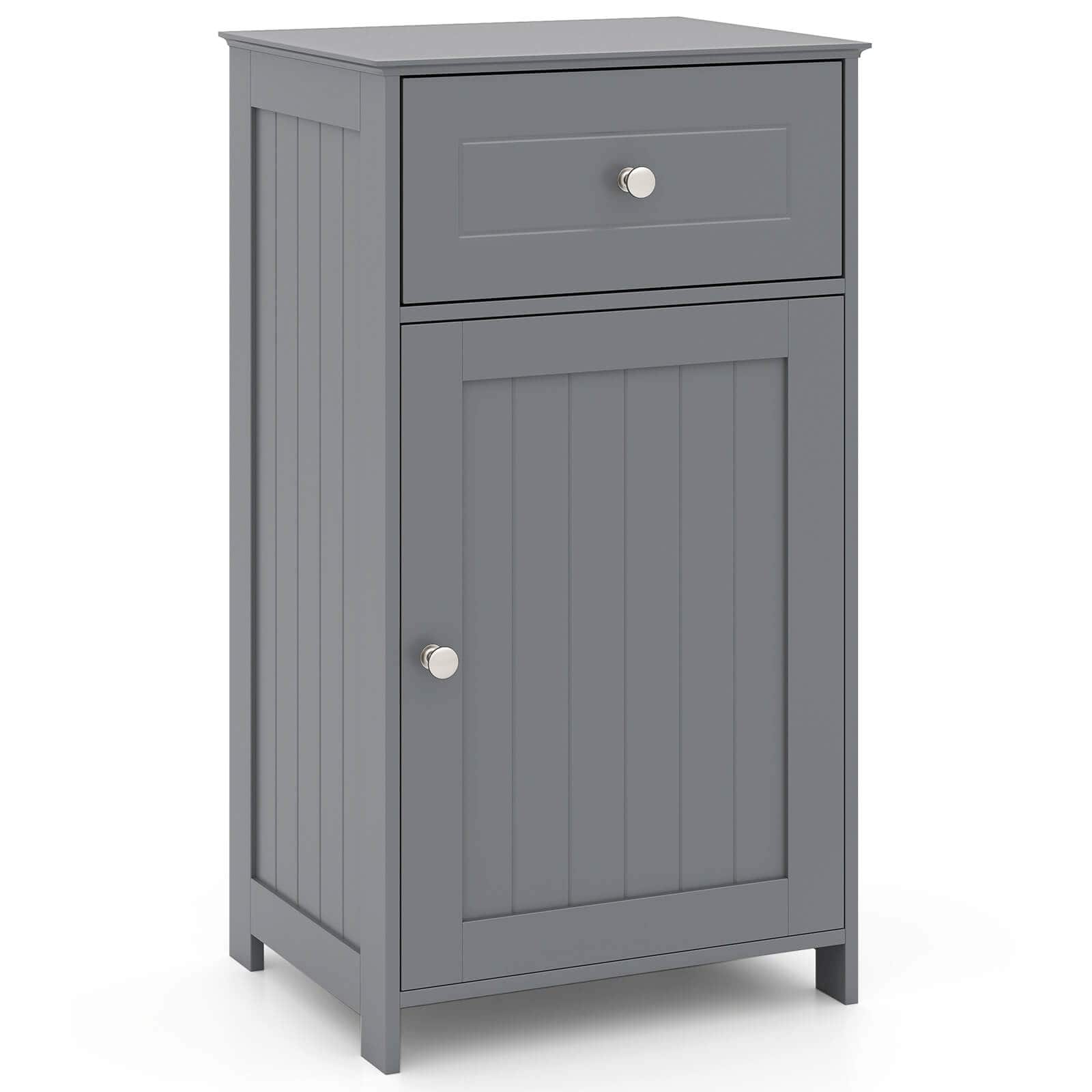 Costway - White Floor Storage Cabinet Bathroom Organizer Cupboard Drawer Shelf Bath Towel - Gray