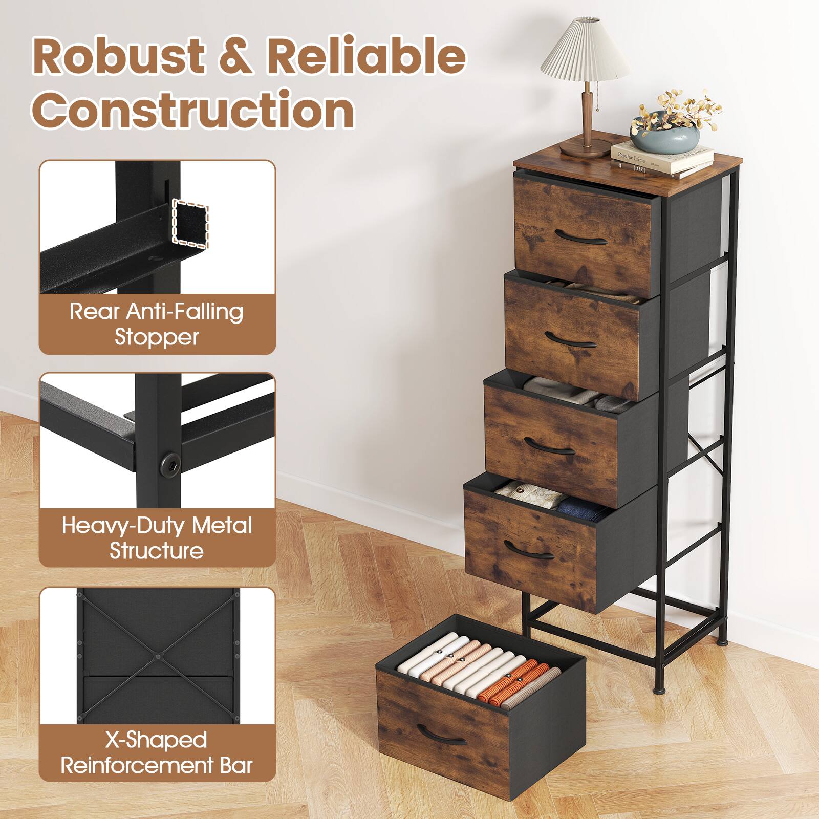 Robust & Reliable Construction

- Rear Anti-Falling Stopper
- Heavy-Duty Metal Structure
- X-Shaped Reinforcement Bar