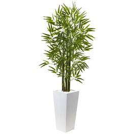 BreeBe - 5' Bamboo Tree with White Planter UV Resist (Indoor/Outdoor) - Green