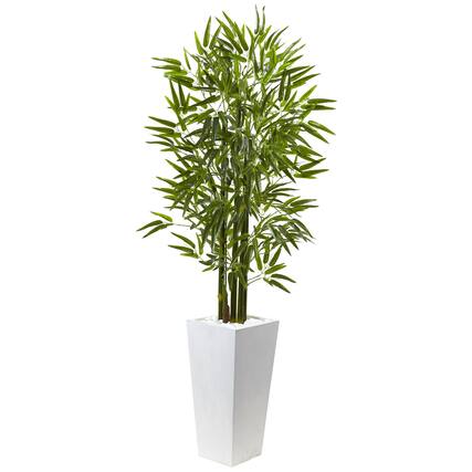 Front. BreeBe - 5' Bamboo Tree with White Planter UV Resist (Indoor/Outdoor) - Green.