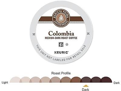 BARISTA PRIMA COFFEEHOUSE  
Colombia  
MEDIUM-DARK ROAST COFFEE  

THIS UNIT NOT LABELED FOR RETAIL SALE  

KEURIG®  

Roast Profile  
Light  
Dark  

Dark