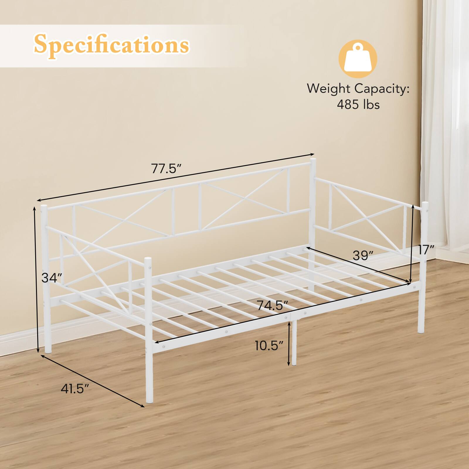 Specifications  
Weight Capacity: 485 lbs  
77.5" x 39" x 17" x 34" x 74.5" x 10.5" x 41.5"