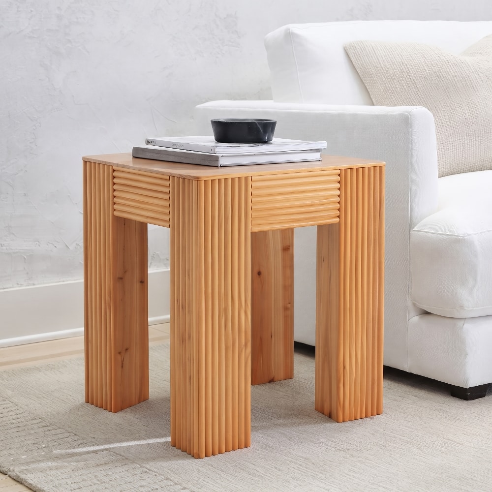 Loheer - Pine Wood Side Table Fluted Elephant Leg End Table Compact Nightstand - Natural price history on PriceWatchPro