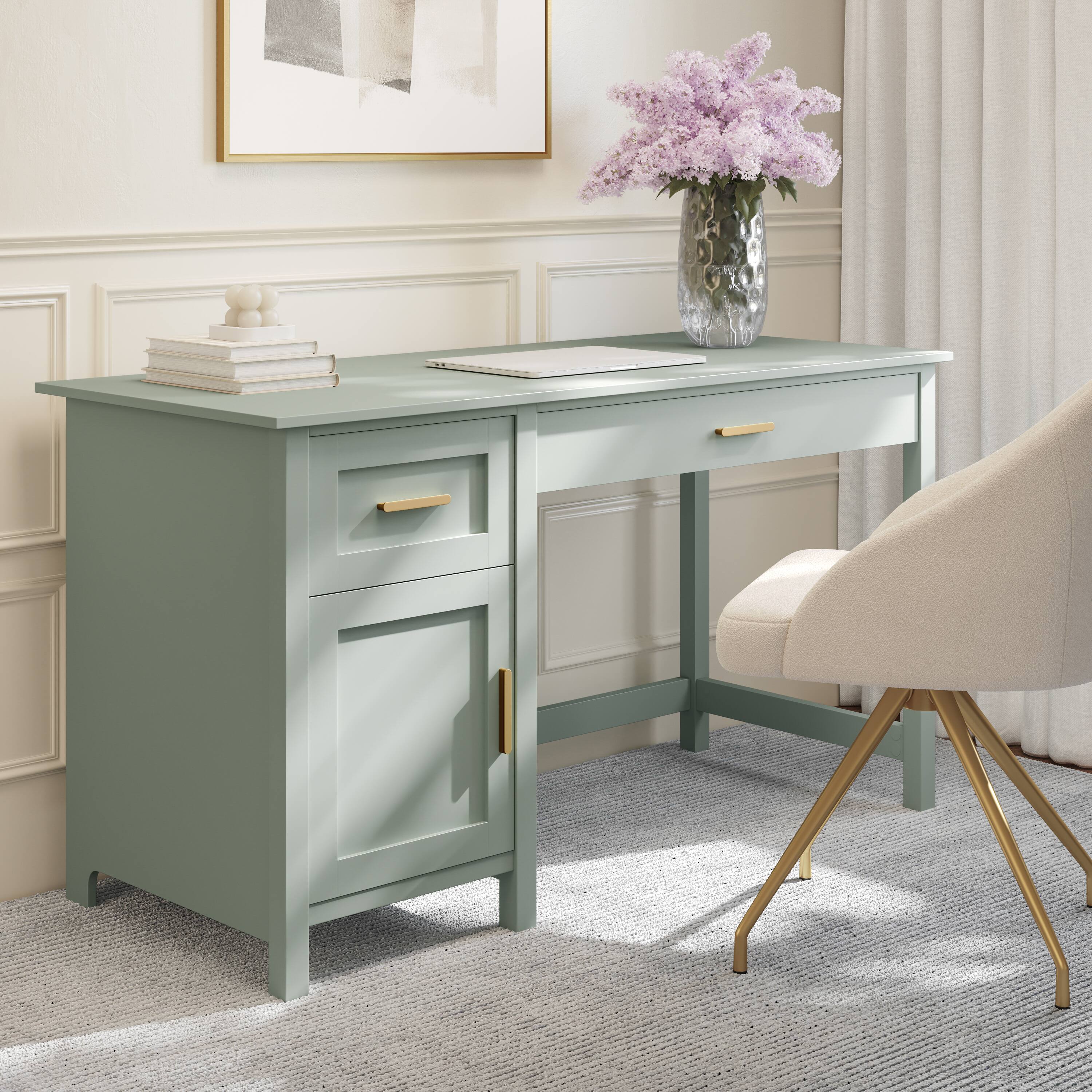 Alt View 1. Martha Stewart - Hutton Shaker Style Home Office Desk with Storage - Sage Frame/Polished Brass Hardware.