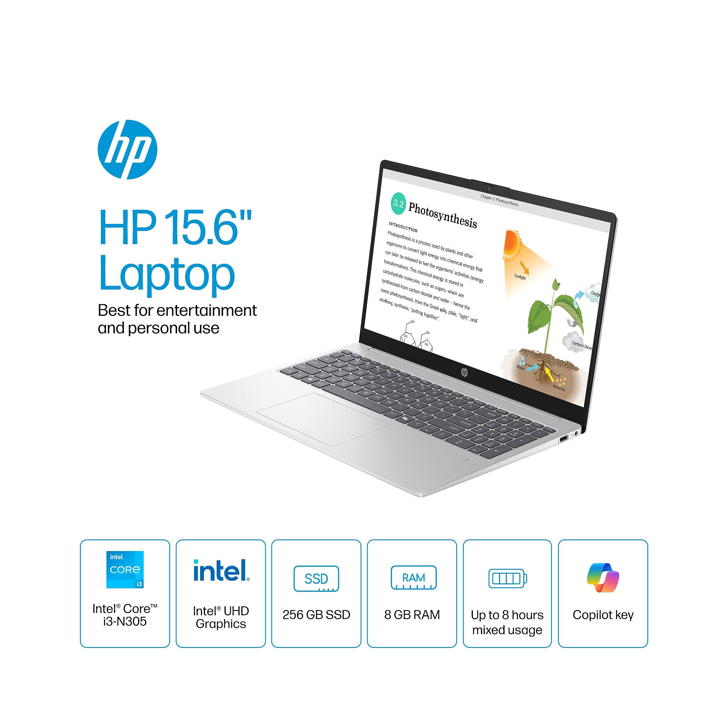 hp HP 15.6" Laptop Best for entertainment and personal use

3.2 Photosynthesis INTRODUCTION Photosynthesis is a process by which green plants and other organisms use light energy to synthesize foods with the aid of chlorophyll from carbon dioxide and water. The process also converts light energy into chemical energy stored in the bonds of glucose or other sugars. Photosynthesis occurs in the chloroplasts of plant cells. The chloroplasts contain the green pigment chlorophyll, which absorbs light energy and uses it to convert carbon dioxide and water into glucose and oxygen. The glucose is used by the plant as a source of energy and as the starting material for the synthesis of other substances. The oxygen is released as a byproduct. Photosynthesis is the primary source of energy for most ecosystems. It is the basis of the food chain and is responsible for the production of the oxygen in the atmosphere.

intel. CORE i3
intel.
SSD
RAM
Intel Core i3-N305
Intel UHD Graphics
256 GB SSD
8 GB RAM
Up to 8 hours mixed usage
Copilot key