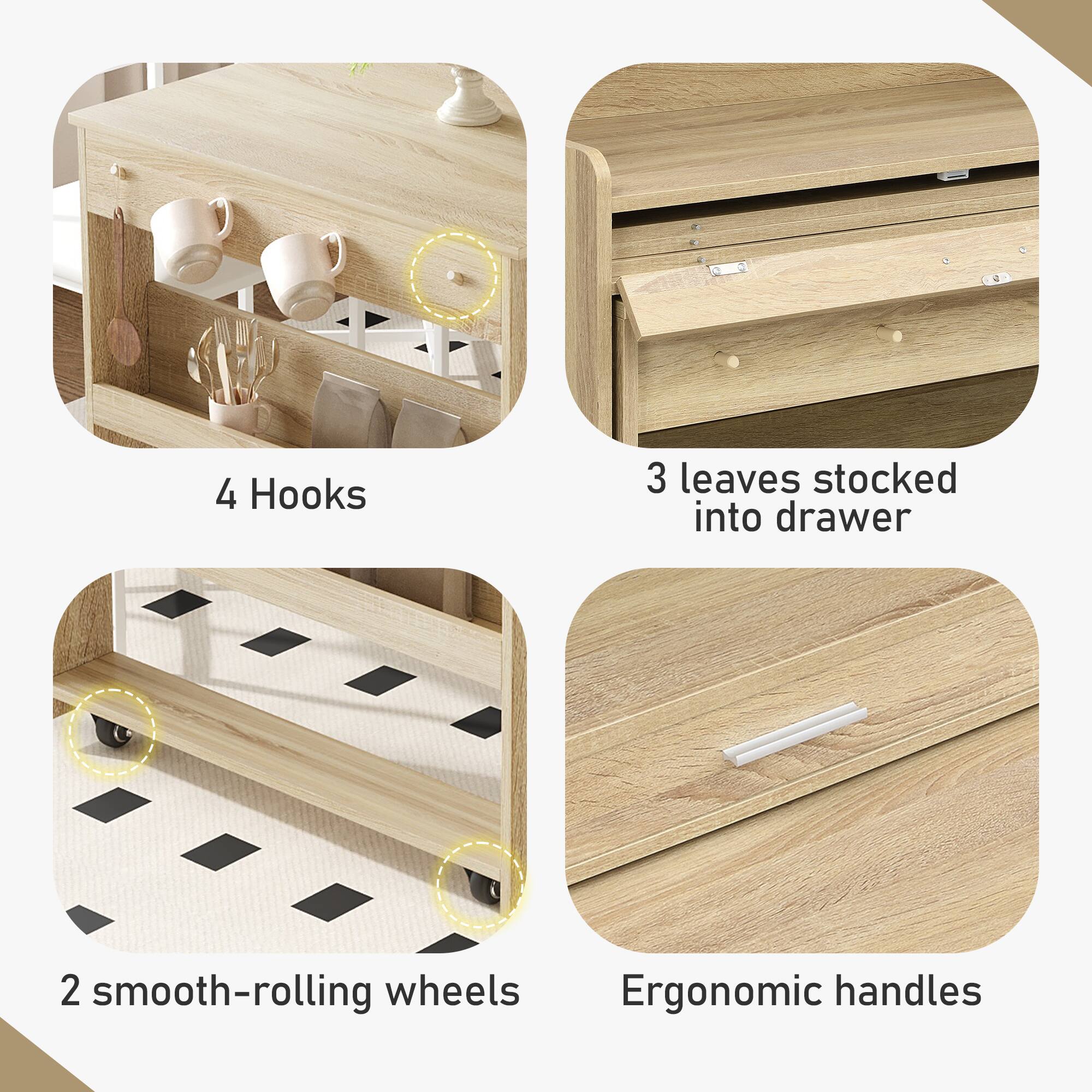 4 Hooks  
3 leaves stocked into drawer  
2 smooth-rolling wheels  
Ergonomic handles