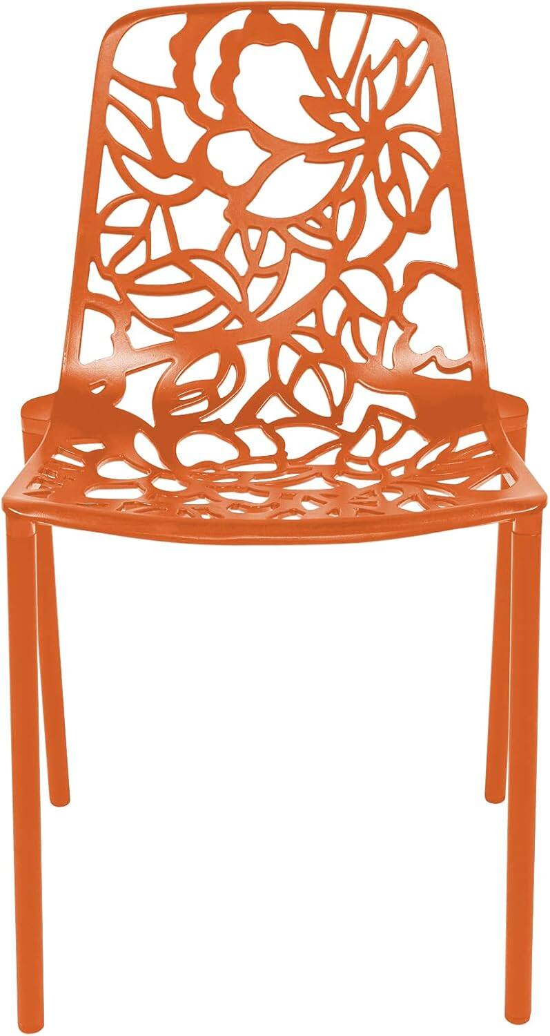 Left. LeisureMod - Devon (Set of 4) Modern Floral Stackable Aluminum Chair - Weather Resistant Indoor/Outdoor Dining Chair - Orange.