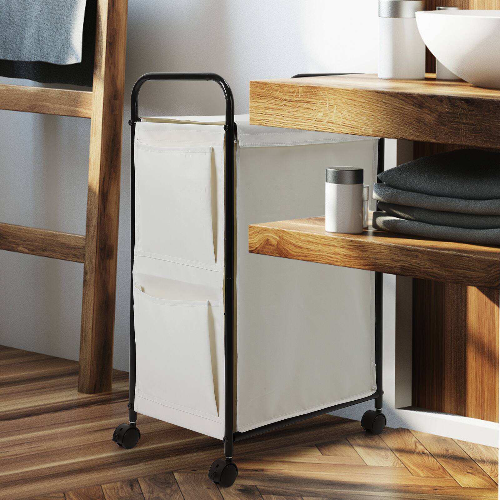 Back. Oumilen - Rolling Laundry Hamper Cart with Lid – Matte Black Frame & White Waterproof Fabric Basket - White.