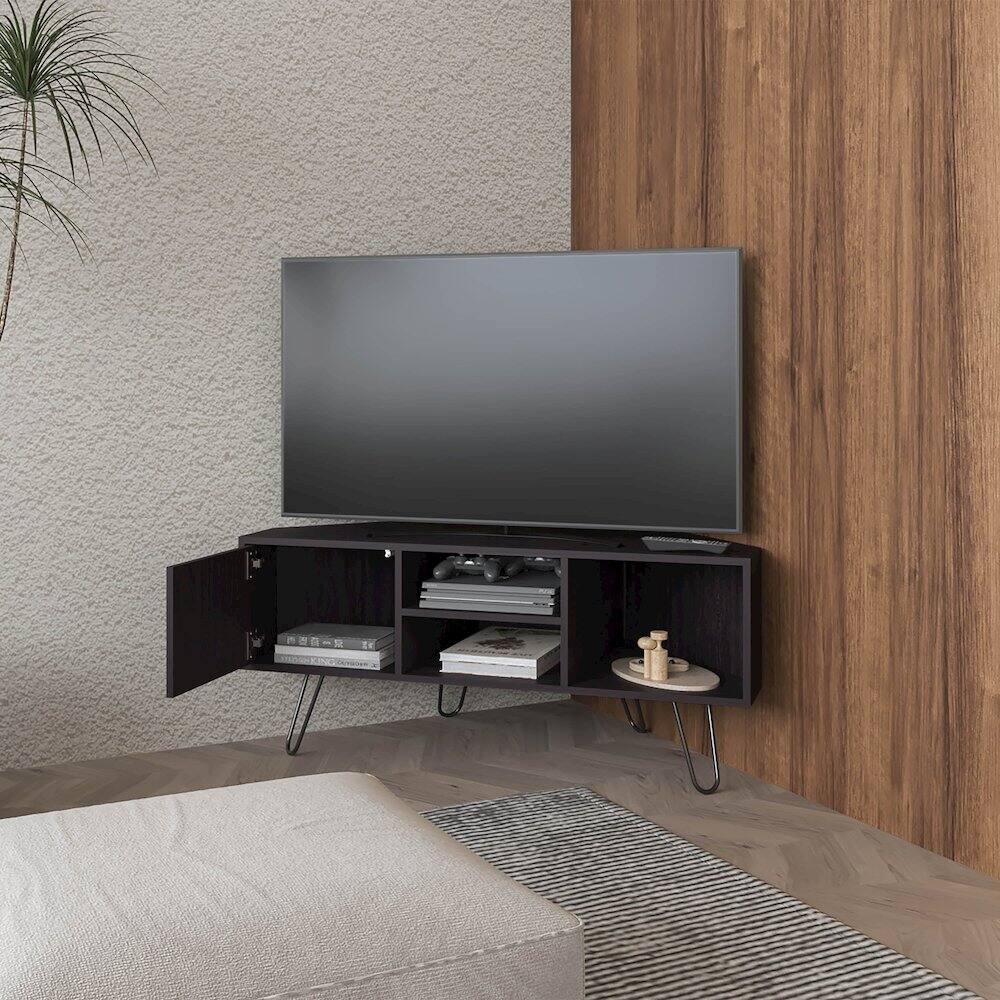 Alt View 4. TuHome - Lancaster Corner Tv Stand, With Two Shelves And Two Cabinets, Black - Black.