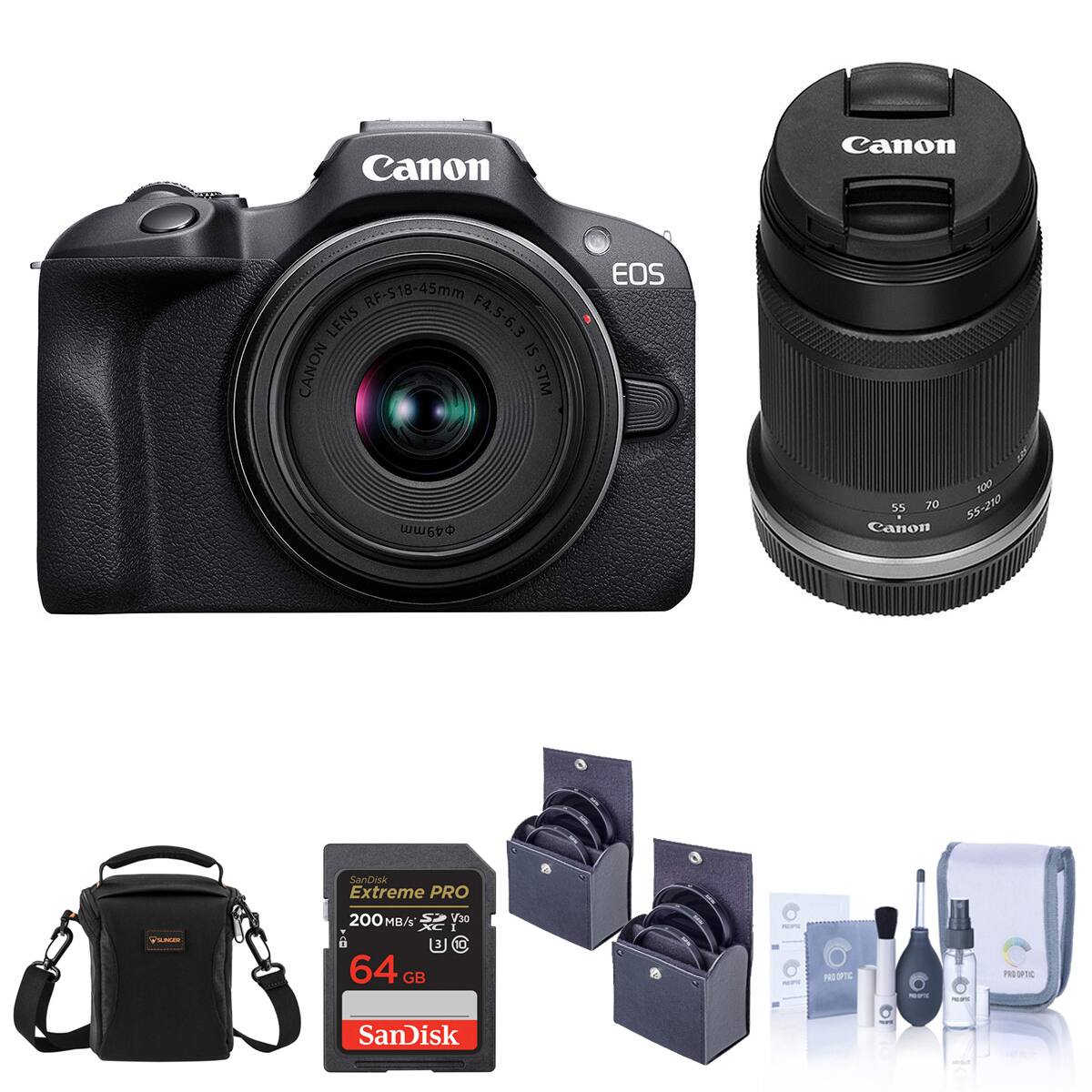 Canon EOS R50 with RF-S 18-45mm Lens F4.5-6.3 IS STM  
Canon 55-210mm Lens  
SanDisk Extreme PRO 64GB SD Card (200MB/s)  
Canon 49mm Lens Cap  
Cleaning Kit (Lens Cleaning Spray, Cloths, and Brushes)
