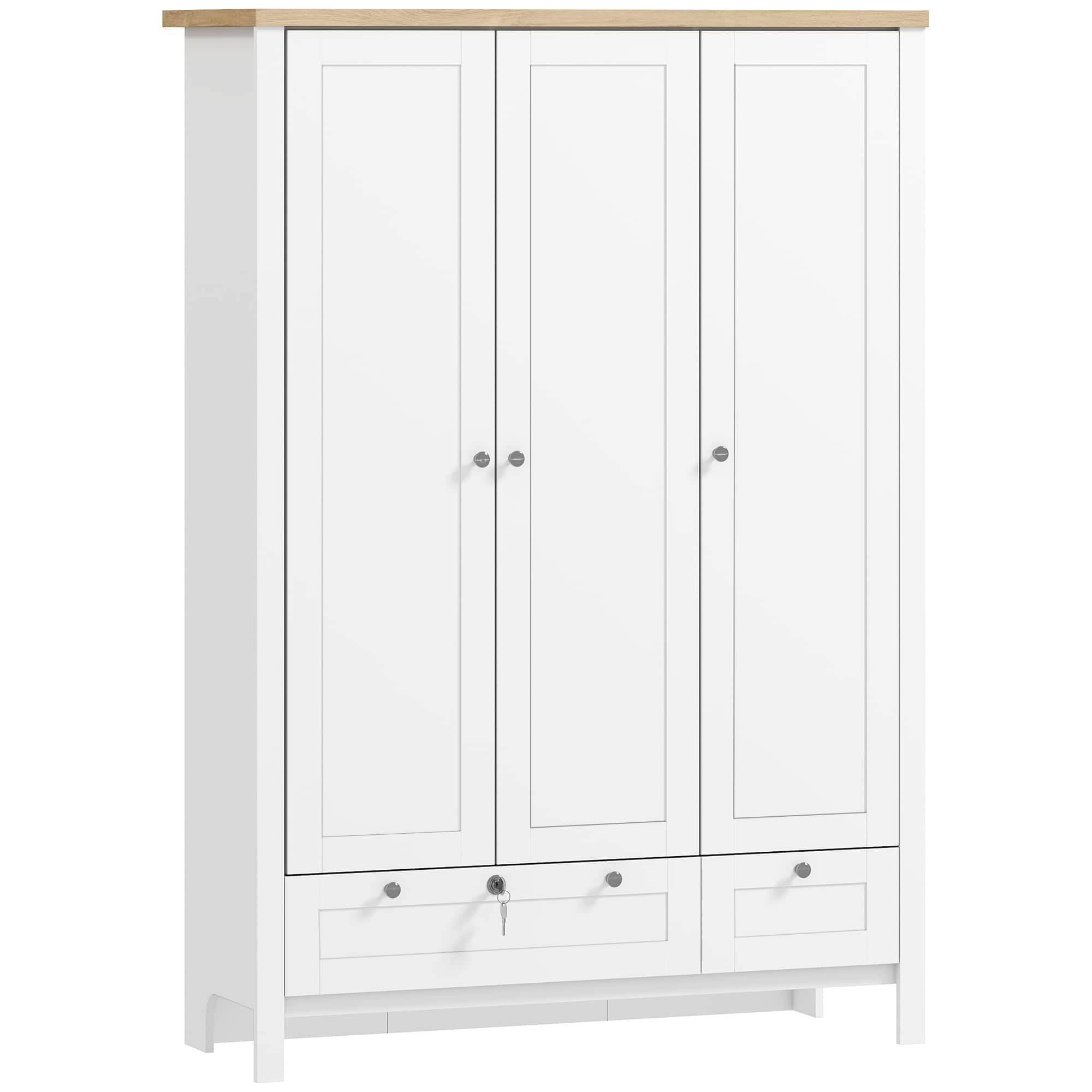 Homcom - 3 Door Armoire Wardrobe Closet with 2 Drawers, 69" Clothing Storage Cabinet with Lockable Large Drawer, Hanging Rod - White