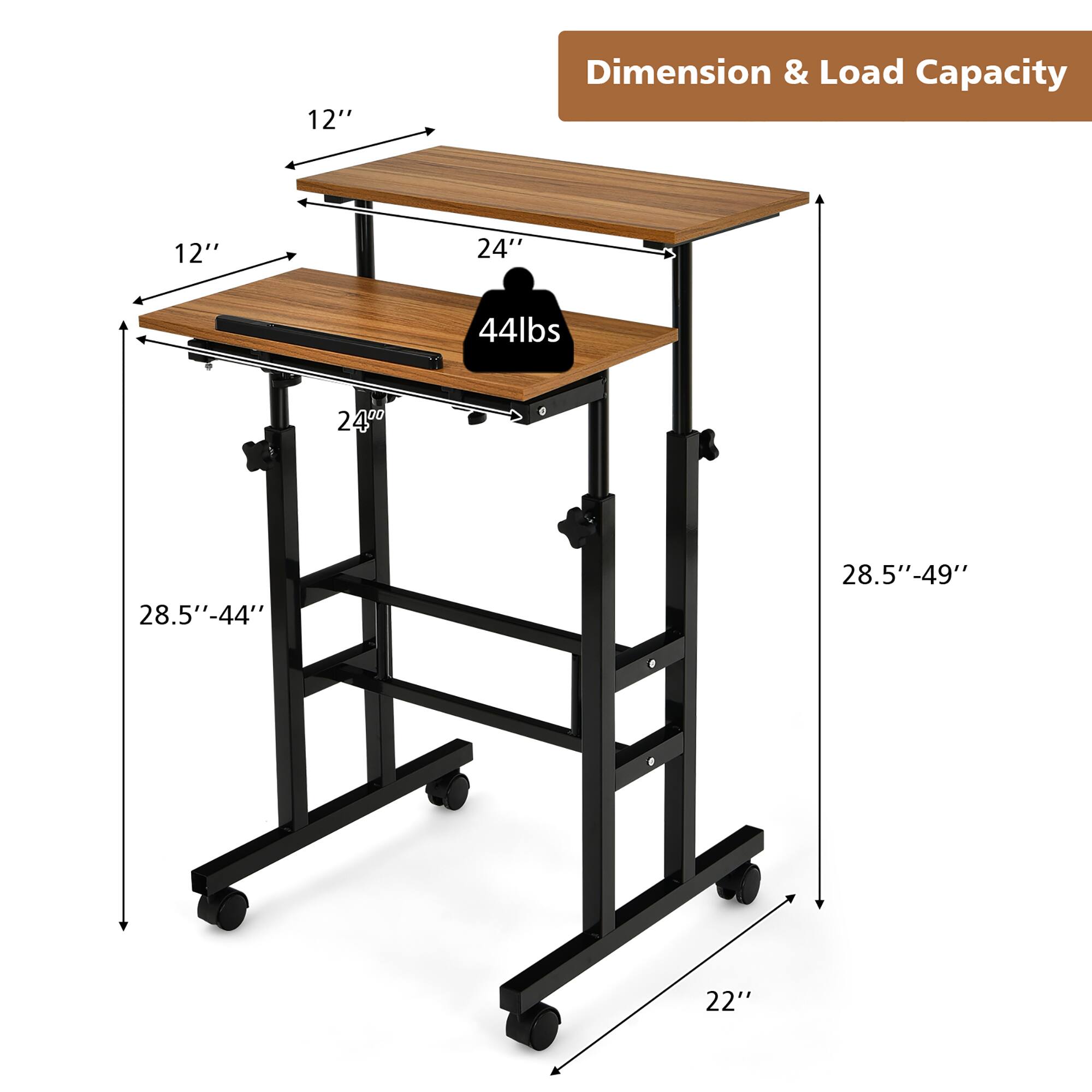 The text on the image reads: "Dimension & Load Capacity 12" 24" 44lbs 240 28.5"-44" 28.5"-49" 22". This text describes the dimensions and load capacity of the table. The table is 12 inches tall, 24 inches wide, and can support a maximum weight of 44 pounds. The table can also be adjusted to different heights, ranging from 28.5 inches to 49 inches.
