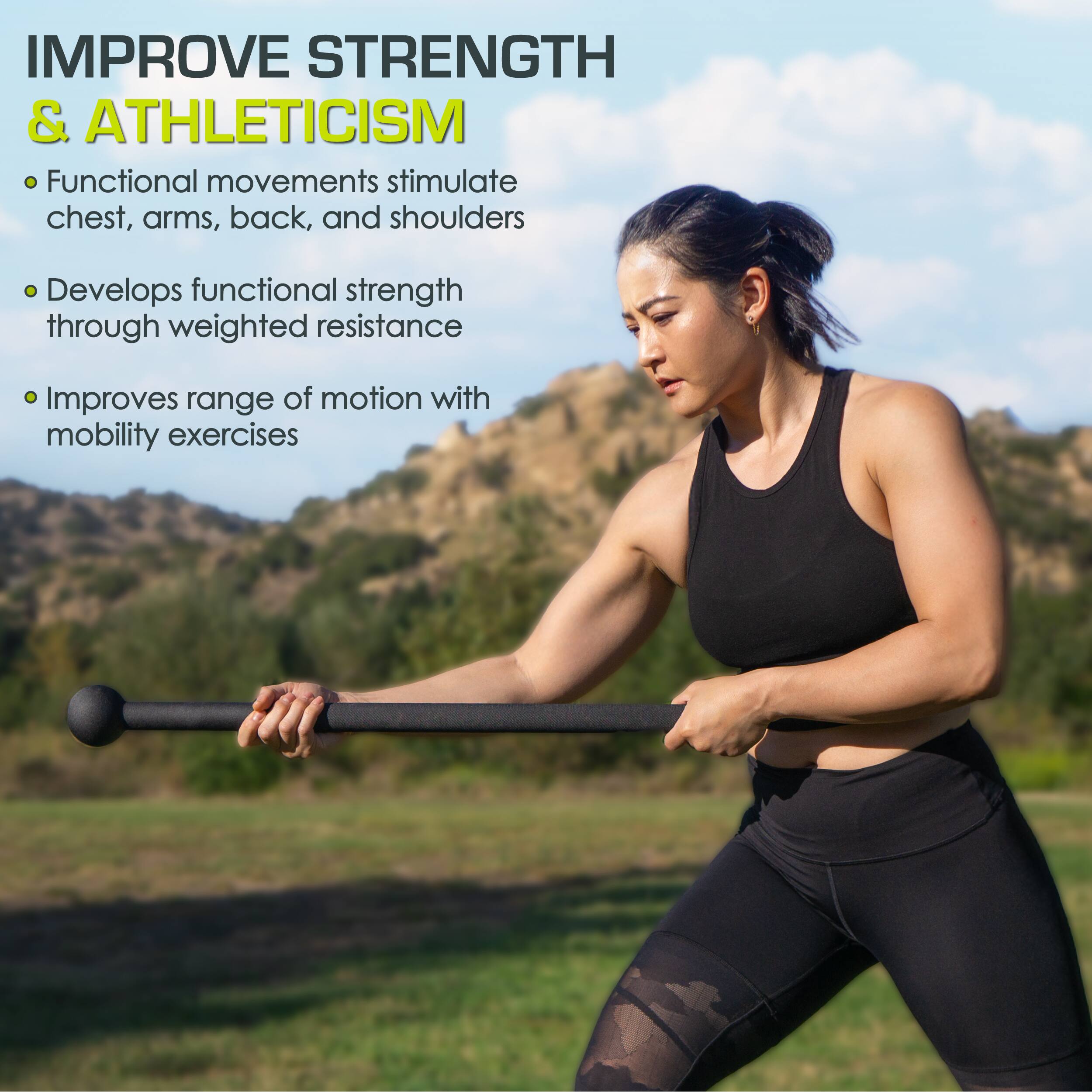 IMPROVE STRENGTH & ATHLETICISM

- Functional movements stimulate chest, arms, back, and shoulders
- Develops functional strength through weighted resistance
- Improves range of motion with mobility exercises