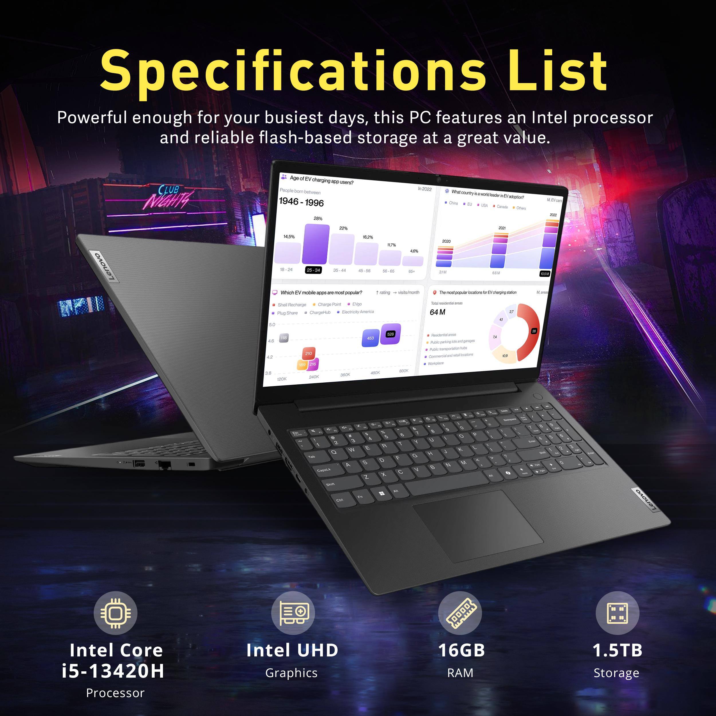 Specifications List  
Powerful enough for your busiest days, this PC features an Intel processor and reliable flash-based storage at a great value.  

- Intel Core i5-13420H Processor  
- Intel UHD Graphics  
- 16GB RAM  
- 1.5TB Storage