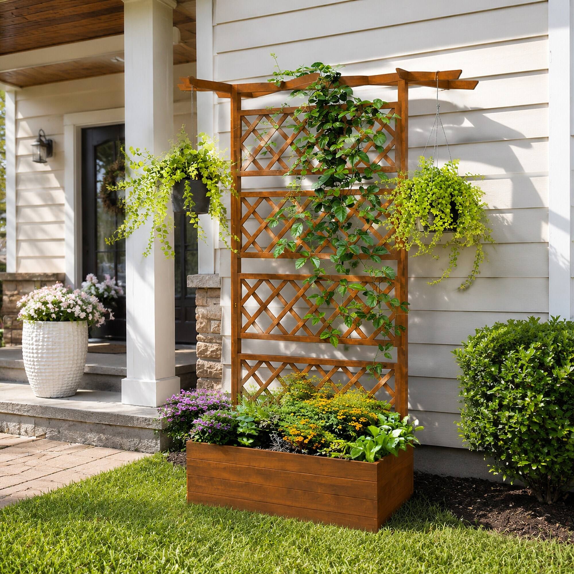 Alt View 1. RYHNUYNE - Outsunny Wood Planter with Trellis and Roof, Raised Garden Bed for Climbing Plants, Vegetables and Flowers, Firwood - Orange.
