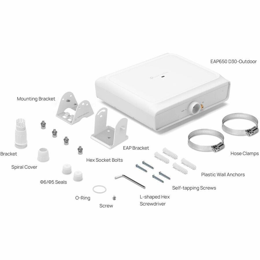 EAP650 D30-Outdoor

- Mounting Bracket
- EAP Bracket
- Spiral Cover
- Bracket
- Hex Socket Bolts
- Hose Clamps
- Plastic Wall Anchors
- Self-tapping Screws
- L-shaped Hex Screwdriver
- O-Ring
- Screw
- Ø6/Ø5 Seals
