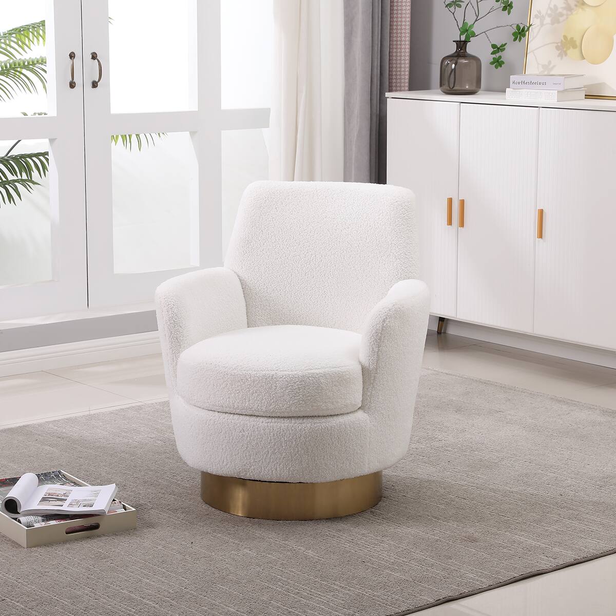 Alt View 5. Trinkets Crazed - Swivel Barrel Chair,Modern Comfy Velvet Upholstered Round Swivel Accent Chairst,360 Degree Single Sofa Chair Armchair - Ivory.