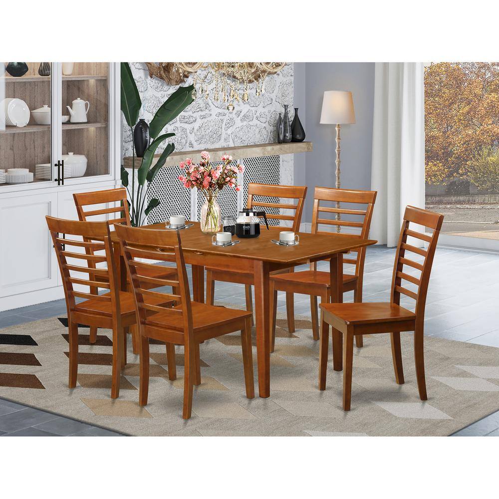 Back. East West Furniture - 7 PC Kitchen Tables and chair set Table with a 12in Leaf and 6 Kitchen Chairs - Saddle Brown.