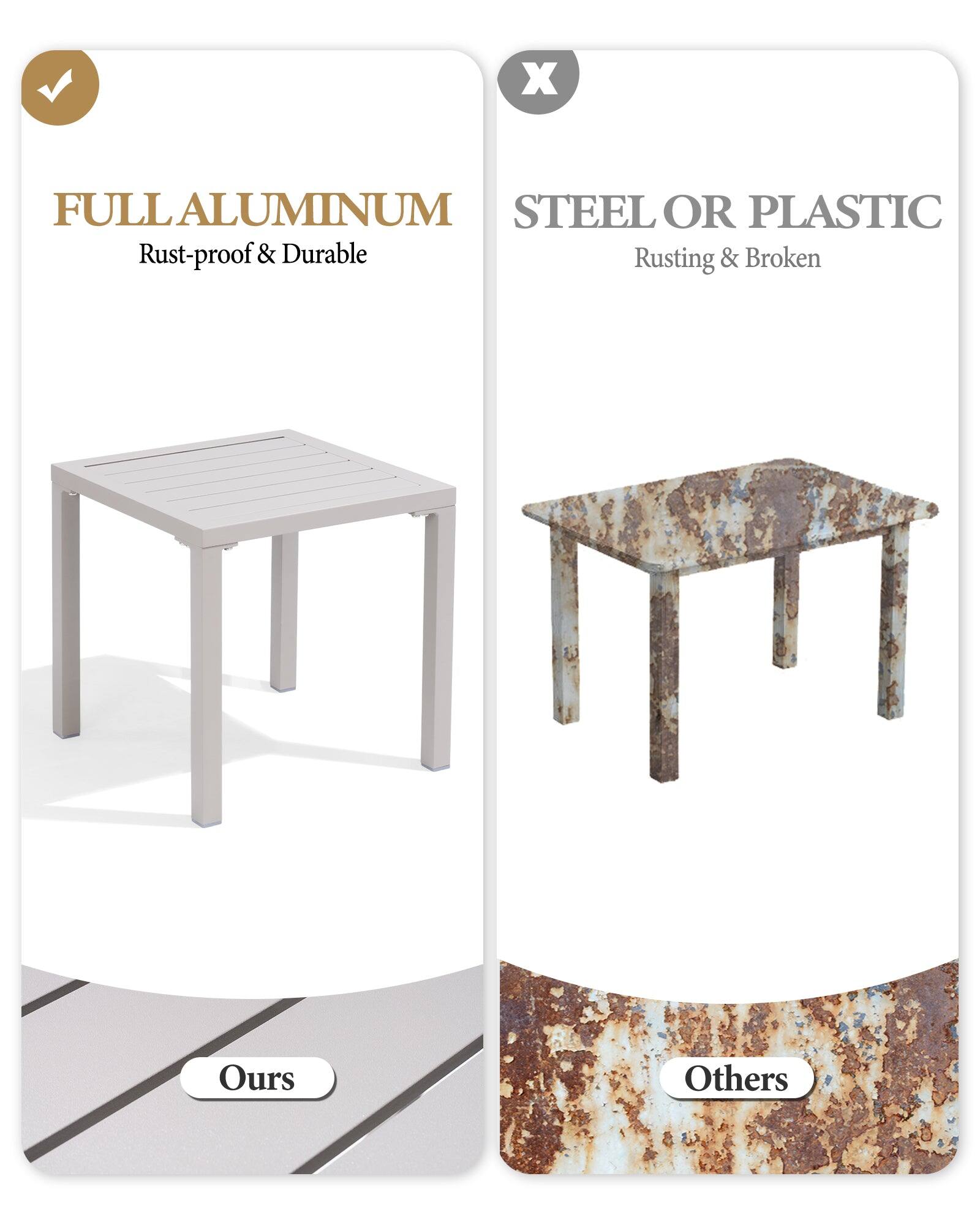 FULL ALUMINUM  
Rust-proof & Durable  

STEEL OR PLASTIC  
Rusting & Broken  

Ours  

Others