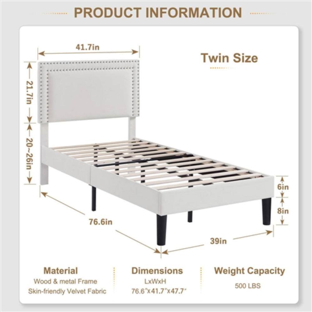 **PRODUCT INFORMATION**

**Twin Size**

- **Material:** Wood & metal Frame, Skin-friendly Velvet Fabric
- **Dimensions:** LxWxH 76.6"x41.7"x47.7"
- **Weight Capacity:** 500 LBS

**Dimensions:**
- Length: 76.6in
- Width: 41.7in
- Height: 47.7in
- Headboard Height: 21.7in
- Headboard Depth: 20-26in
- Side Rail Height: 6in
- Side Rail Width: 8in
- Footboard Height: 39in