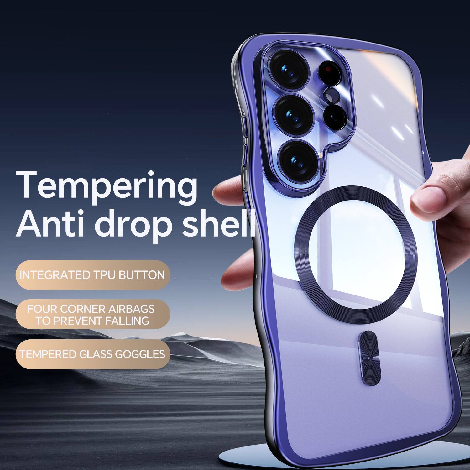 Tempering Anti drop shell  
INTEGRATED TPU BUTTON  
FOUR CORNER AIRBAGS TO PREVENT FALLING  
TEMPERED GLASS GOGGLES