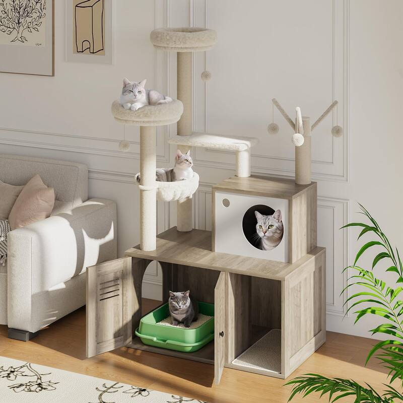 Angle. GARVEE - Multi-Level Cat Tree w/Hidden Litter Box - 3-in-1 Tower w/Condo, Hammock & Scratching Posts, Odor-Control Design - Gray.