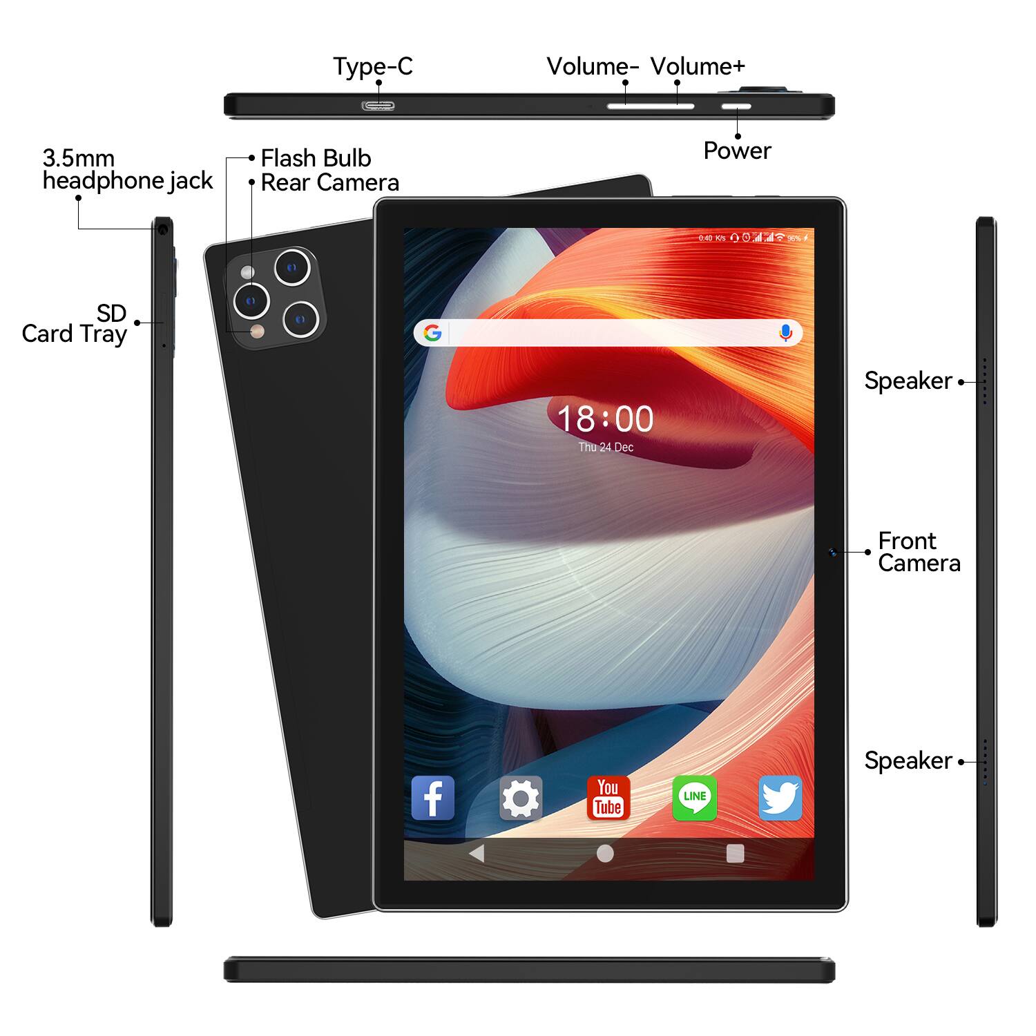 Type-C, Volume-, Volume+, 3.5mm headphone jack, Flash Bulb, Rear Camera, Power, SD Card Tray, 18:00, Thu 24 Dec, Speaker, Front Camera, Facebook, YouTube, LINE, Twitter, Speaker