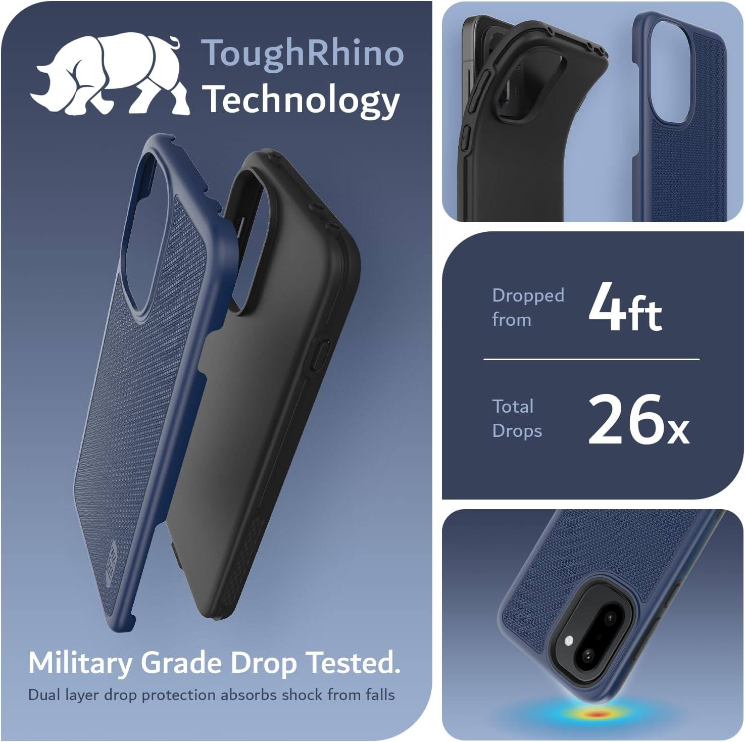ToughRhino Technology

Dropped from 4ft  
Total Drops 26x

Military Grade Drop Tested.  
Dual layer drop protection absorbs shock from falls