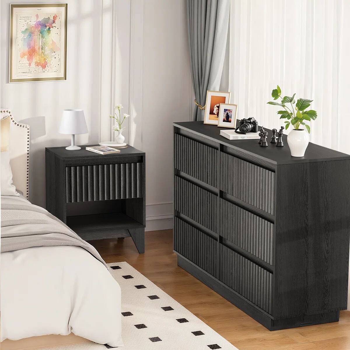 Alt View 1. Koligey - 6-Drawer Dresser 47"W Double Dresser With Waveform Fluted Panel - black.