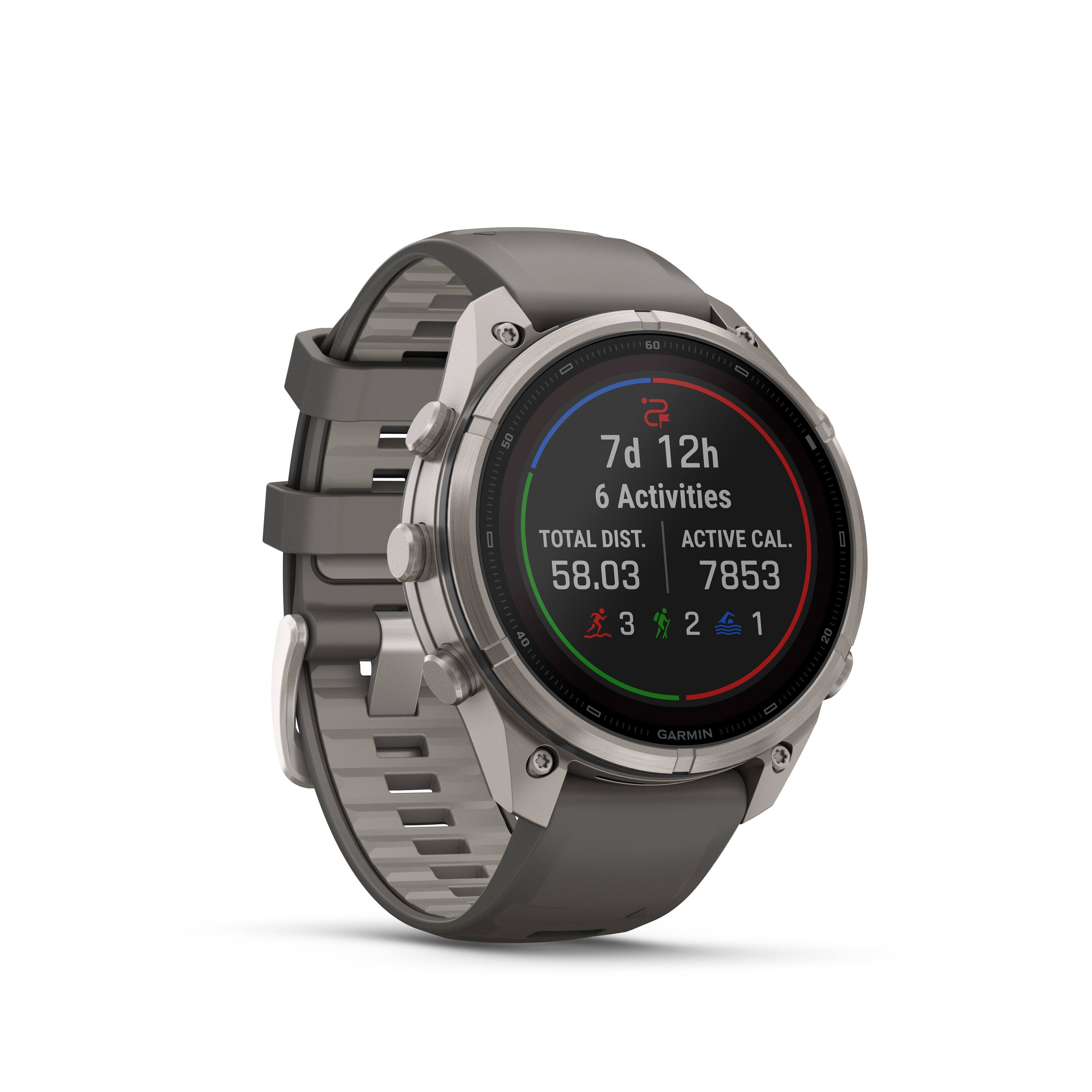 60  
50  
7d 12h  
6 Activities  
TOTAL DIST. 58.03  
ACTIVE CAL. 7853  
3 2 1  
GARMIN