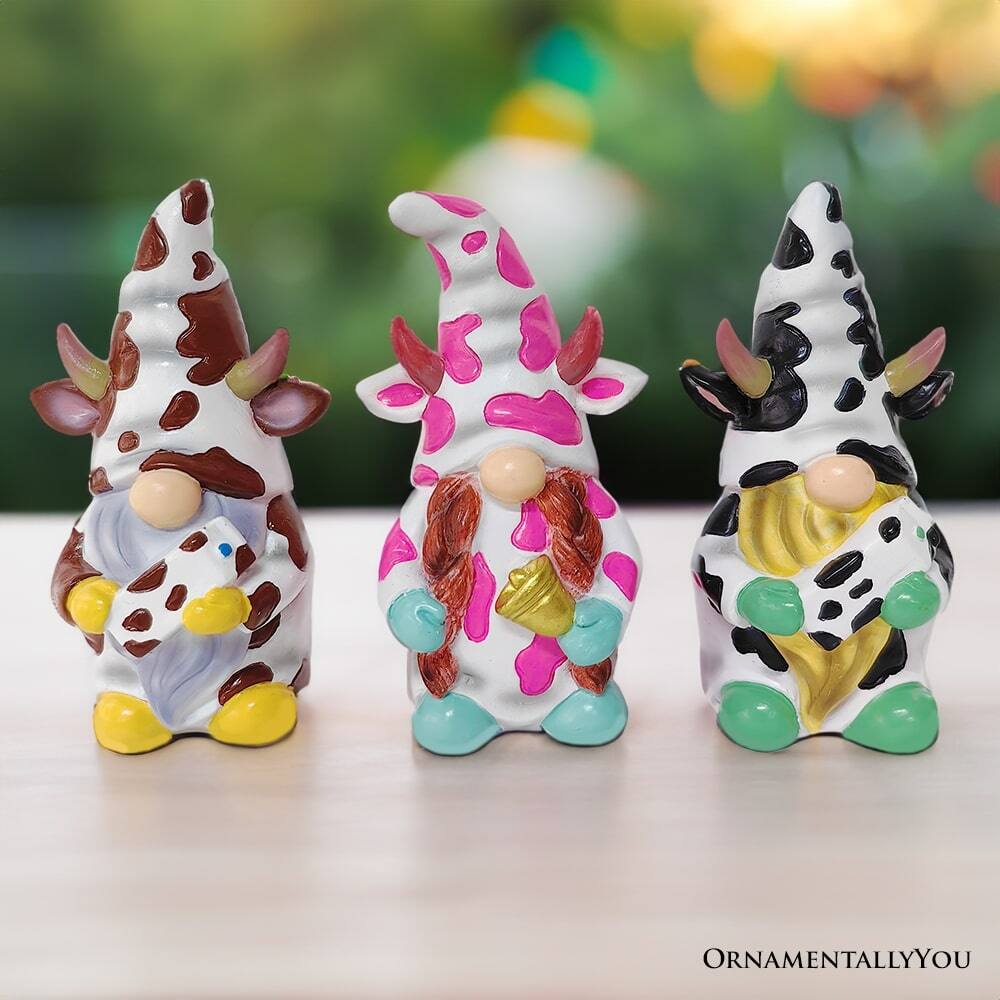 Alt View 3. OrnamentallyYou - Endearing Cow Gnome Trio Mini Statue Set of Three, 5" Miniature Figurine and Unique Farm Resin Garden Statue - Multicolored.