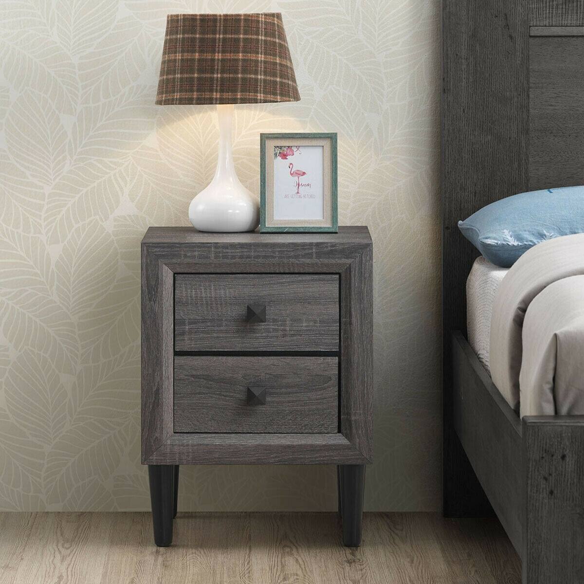Alt View 4. SlickBlue - Retro Wooden Nightstand with 2 Drawers – Multipurpose Bedside Table for Small Spaces - Grey.