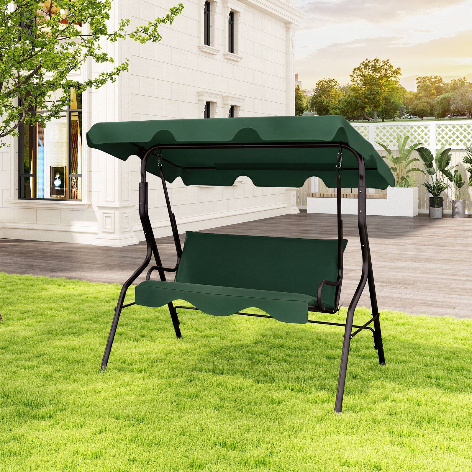 Alt View 4. Costway - Costway 3-Person Outdoor Patio Swing Chair with Adjustable Canopy and Removable Cushion - Dark Green.