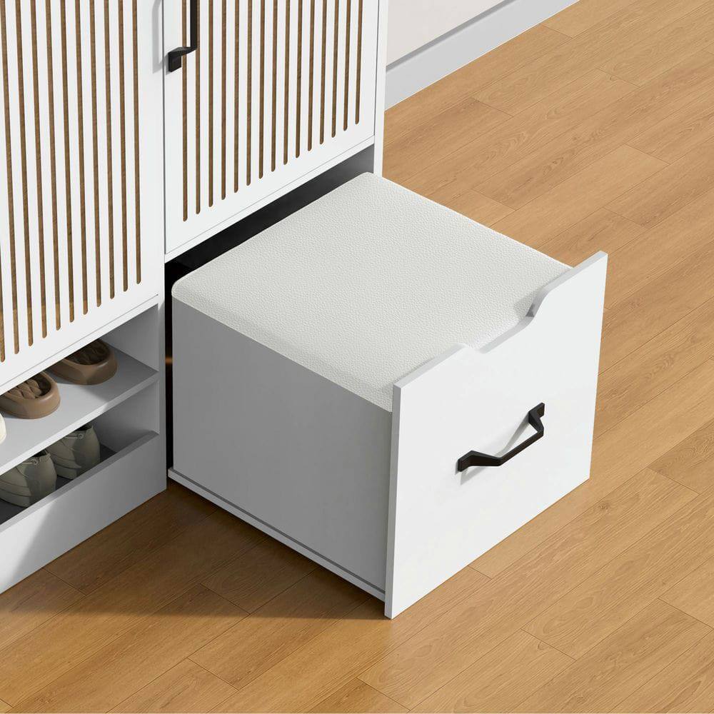 Left. Kadyn - Multi-Functional Shoe Cabinet with Stool and Adjustable Shelves - White - White.