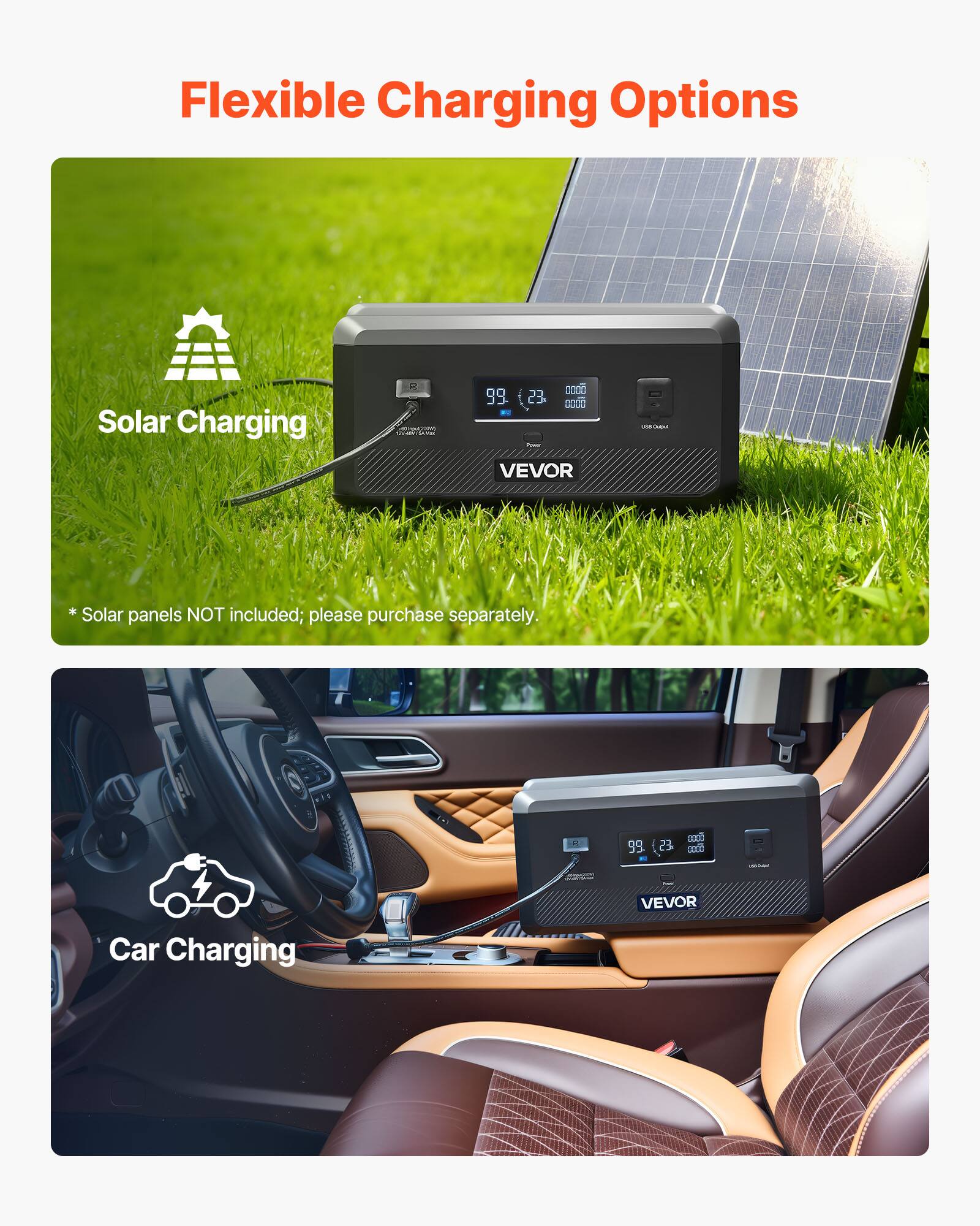 Flexible Charging Options

Solar Charging  
* Solar panels NOT included; please purchase separately.

Car Charging