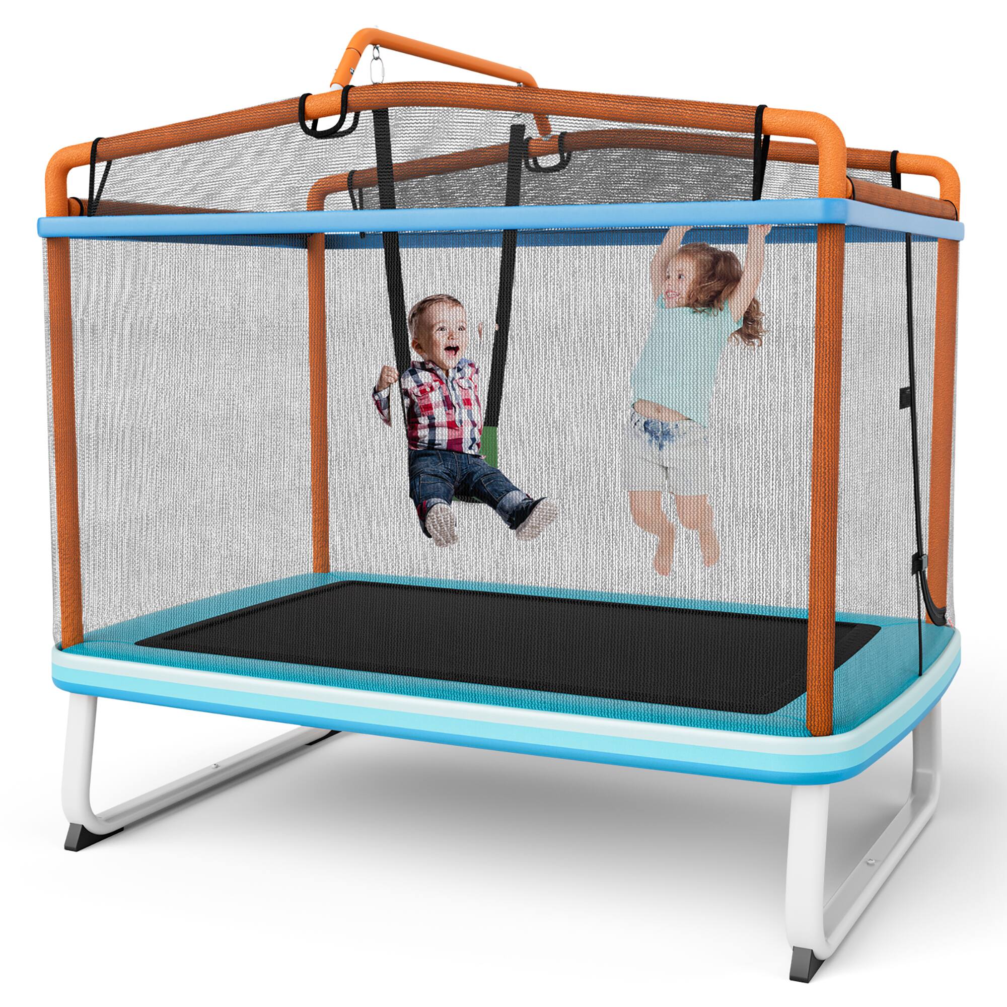 Front. Gymax - Gymax 3-in-1 6FT Rectangle Kids Trampoline w/ Swing Horizontal Bar & Safety Net Outdoor Orange - Blue,Orange.