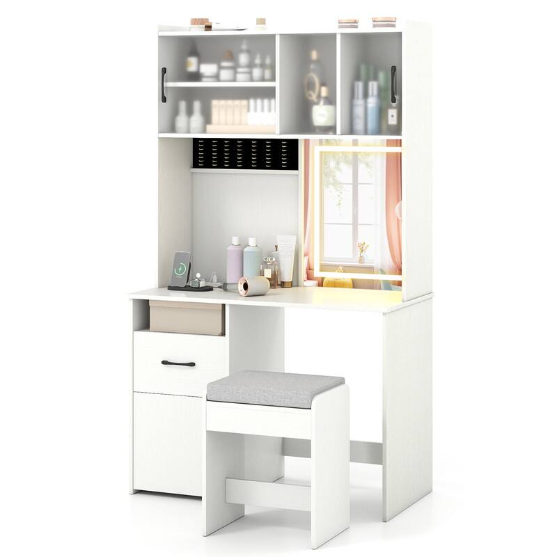 Front. WELLFOR - 67 Inches Tall Makeup Vanity Set with 3‑Color Dimmable LED Mirror,Charging Station, Jewelry Storage & Soft‑Padded Stool - White.