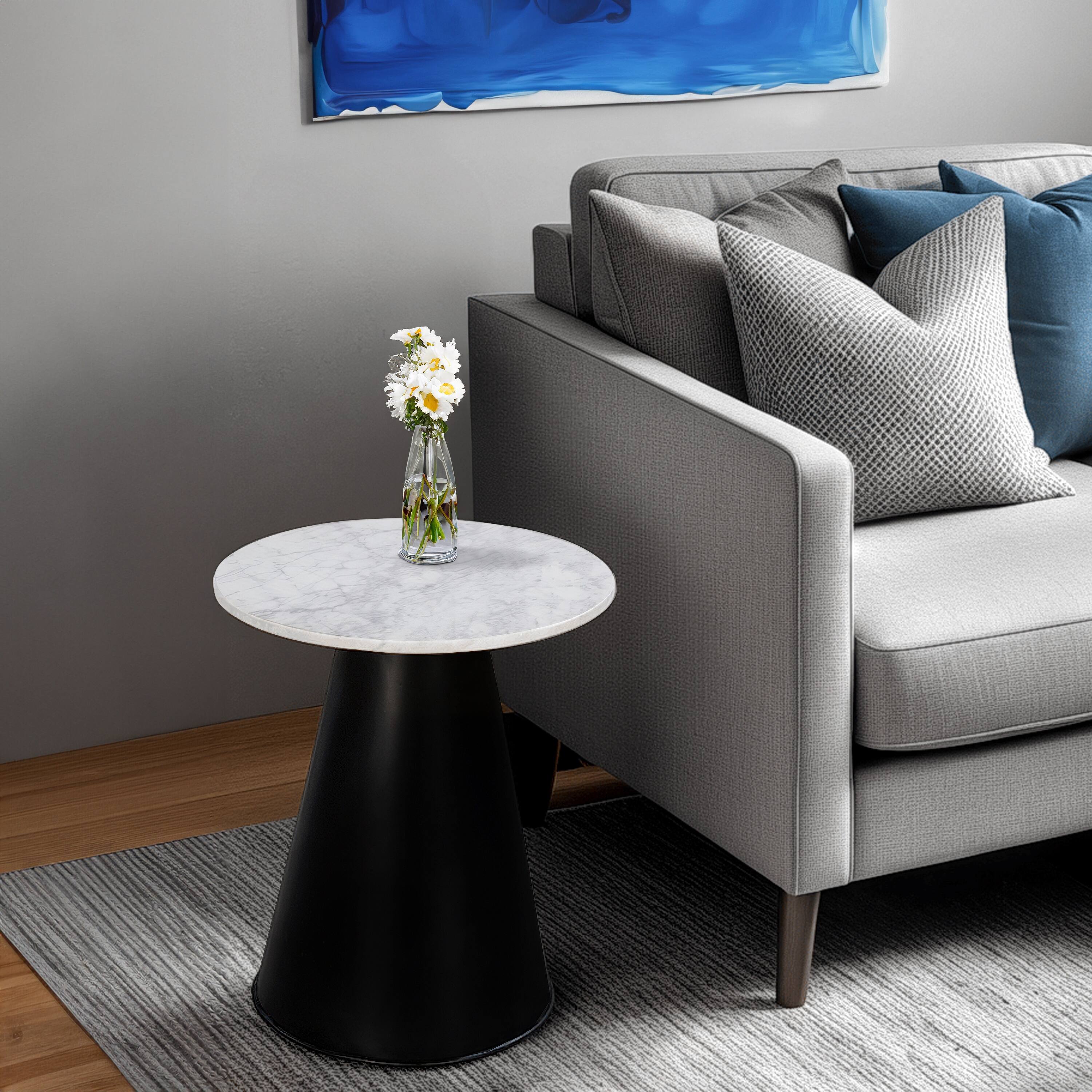 Alt View 9. Manhattan Lane - Riko Side End Table, White Natural Marble 18 Inch Round Top, Modern Black Pedestal Base - Black, White.
