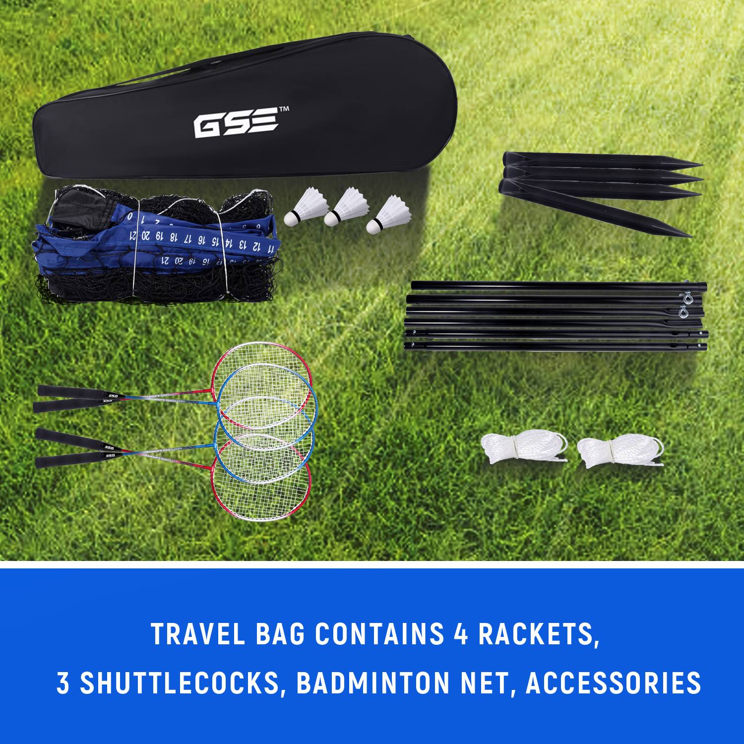 TM GSE 0 I 21 19 18 9 GNSn 15 11121314 14 13  16992021 21 e TRAVEL BAG CONTAINS 4 RACKETS, 3 SHUTTLECOCKS, BADMINTON NET, ACCESSORIES