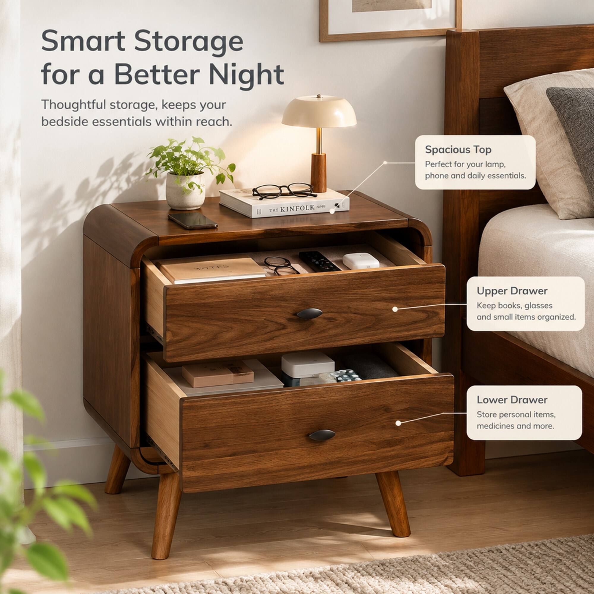 Smart Storage for a Better Night  
Thoughtful storage, keeps your bedside essentials within reach.  

Spacious Top  
Perfect for your lamp, phone and daily essentials.  

Upper Drawer  
Keep books, glasses and small items organized.  

Lower Drawer  
Store personal items, medicines and more.