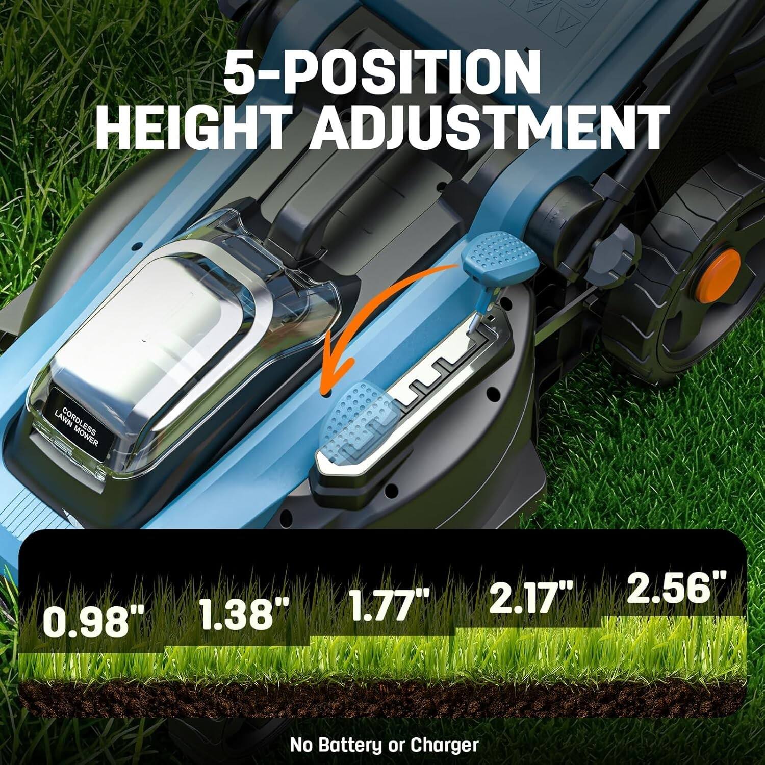 5-POSITION HEIGHT ADJUSTMENT LAWN MOWER AS 0.98" 1.38" 1.77" 2.17" 2.56" No Battery or Charger