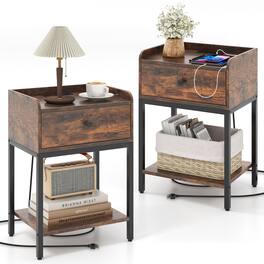 Gymax - 2 PCS Nightstand Side End Table w/ Charging Station Drawer Open Shelf - Rustic Brown